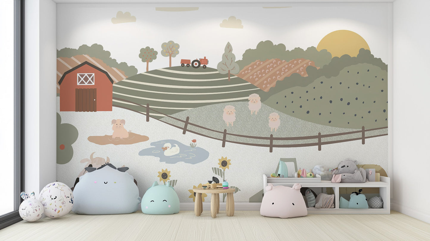 Farm animals kids room wallpaper with playful scenery
