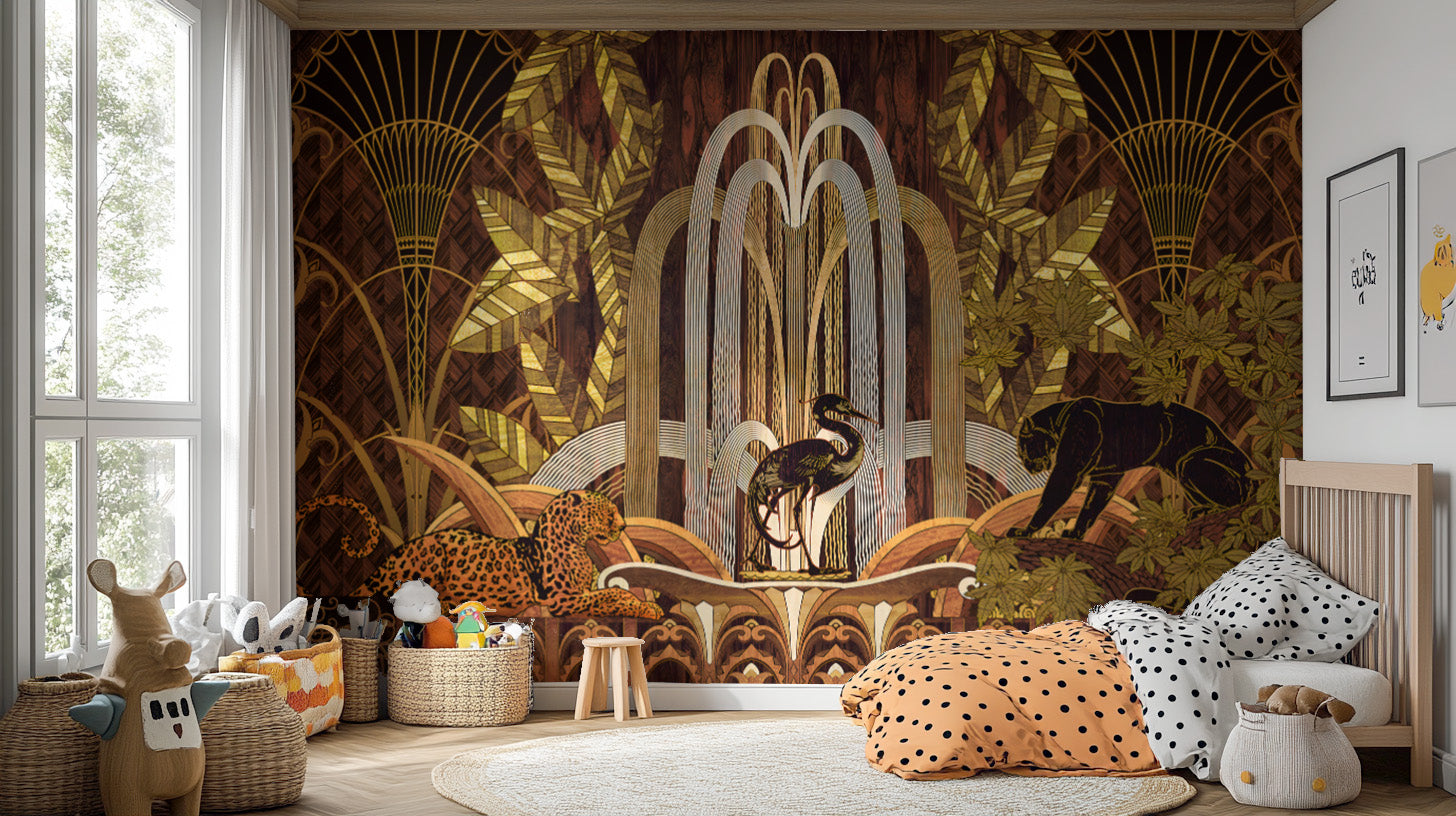 Luxury wildlife Art Deco wallpaper mural with golden foliage
