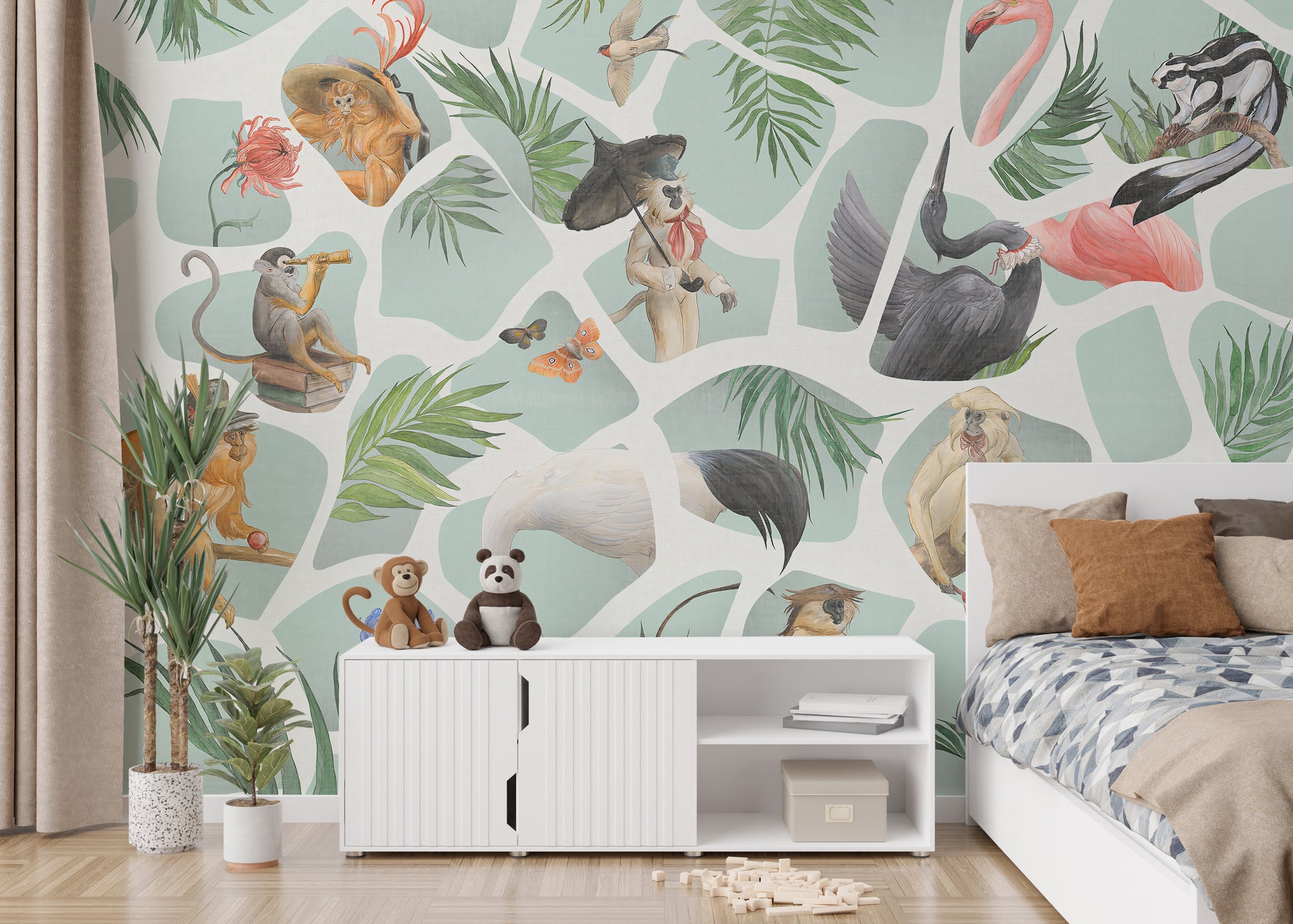 Playful watercolor monkey mural for kids' rooms