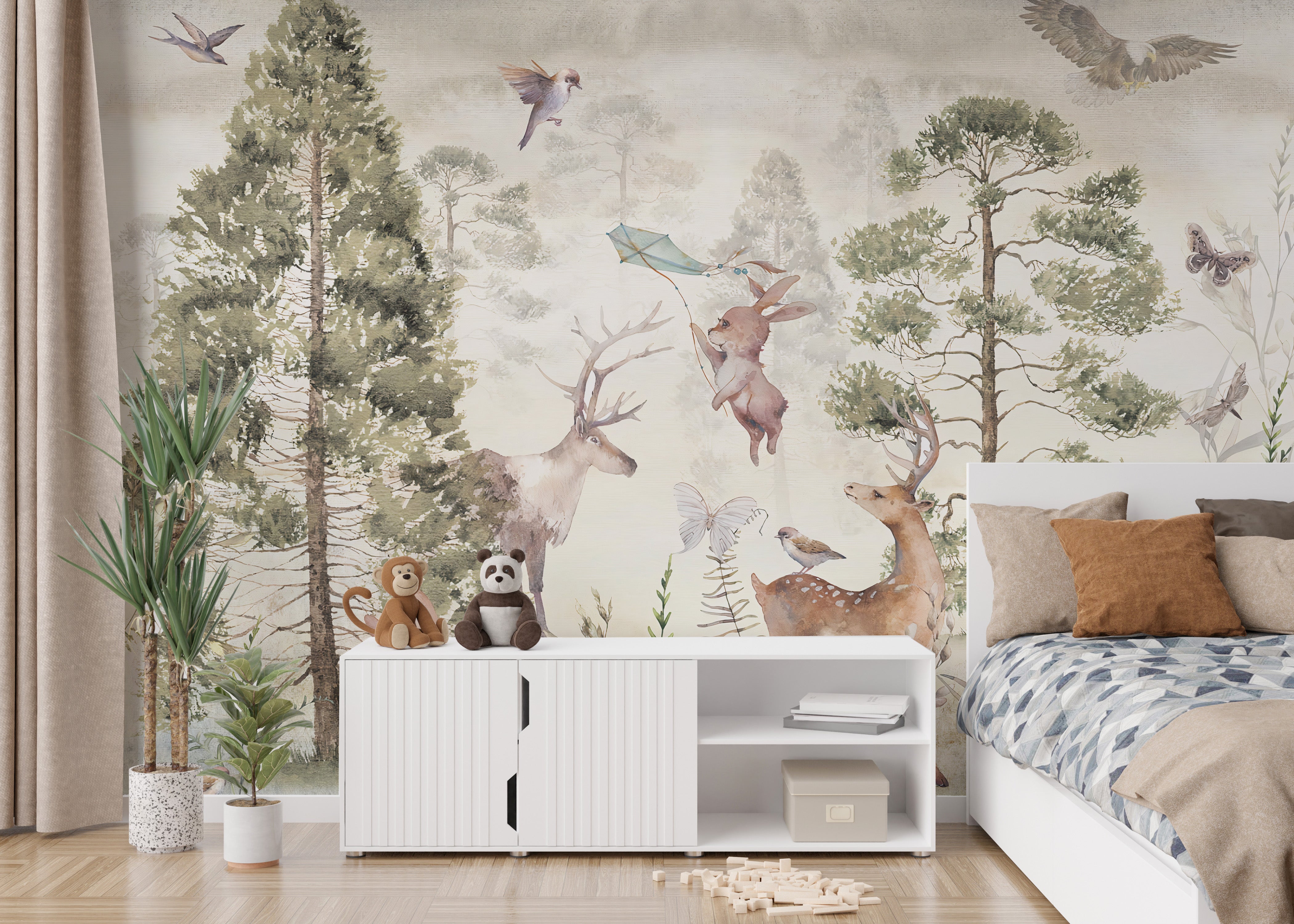 Subtle deer and animals wallpaper mural design
