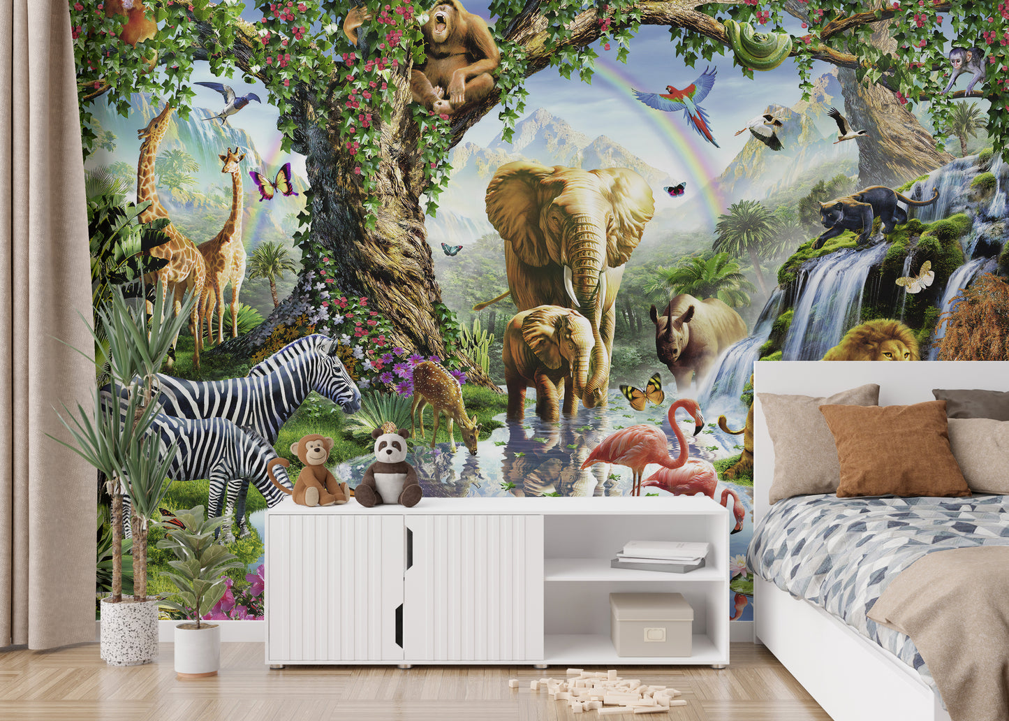 Vibrant Wild Animals in a jungle Wallpaper