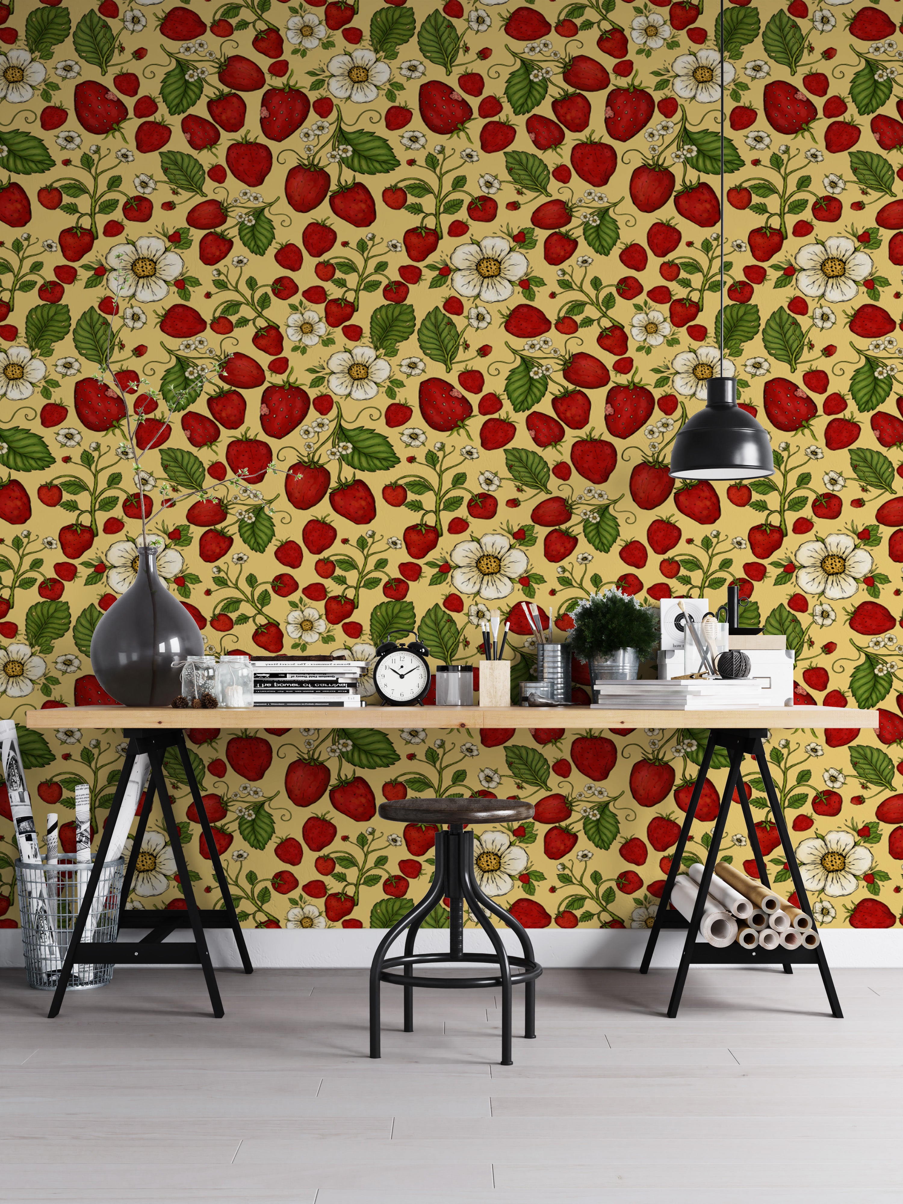 Cheerful red strawberries on yellow wallpaper for any room.
