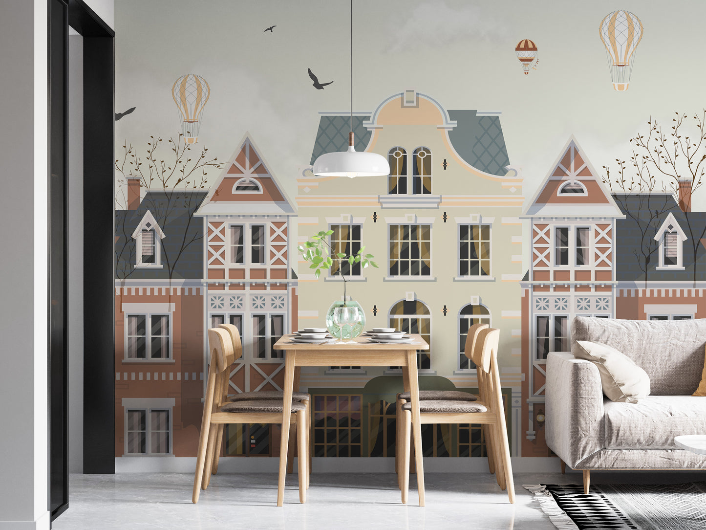 Vintage Townscape Balloons Wall Mural