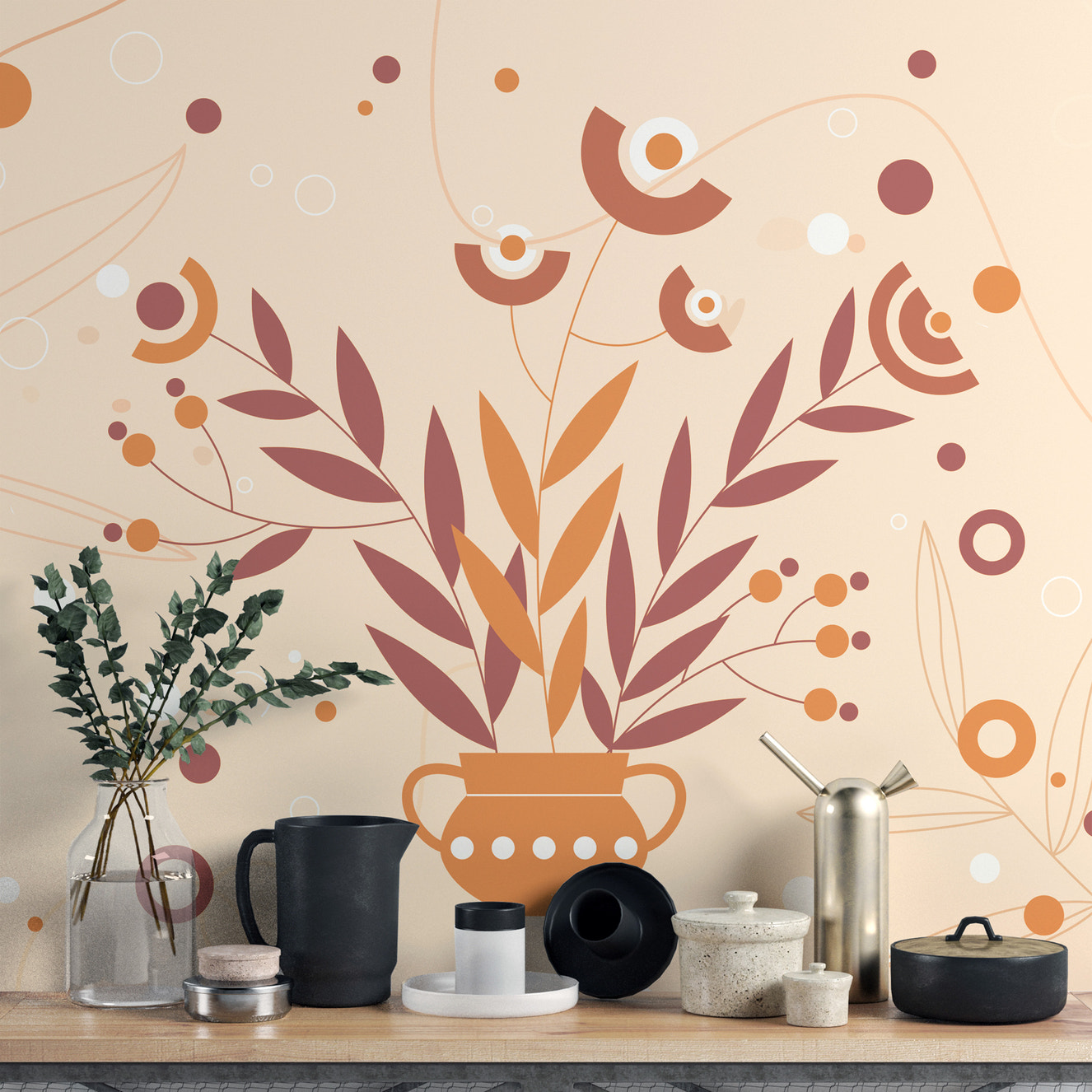 Autumnal elegance wallpaper with a vase art mural design.
