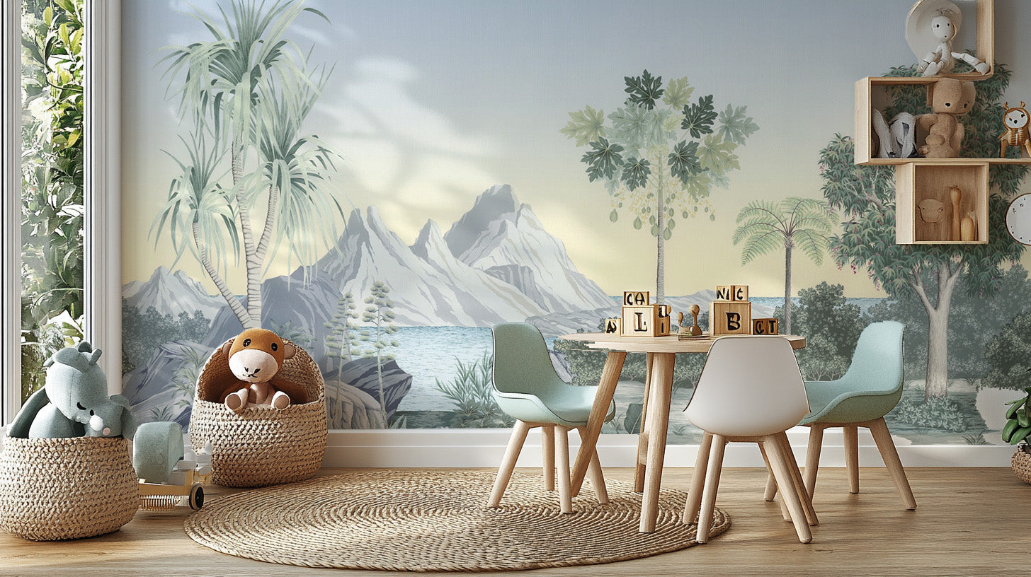 Coastal tropical paradise wall mural with soft muted tones
