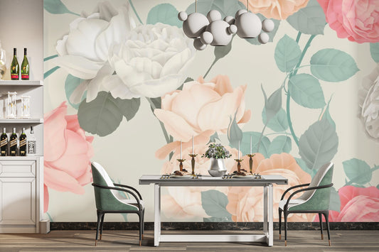 Large floral wallpaper mural with painted roses
