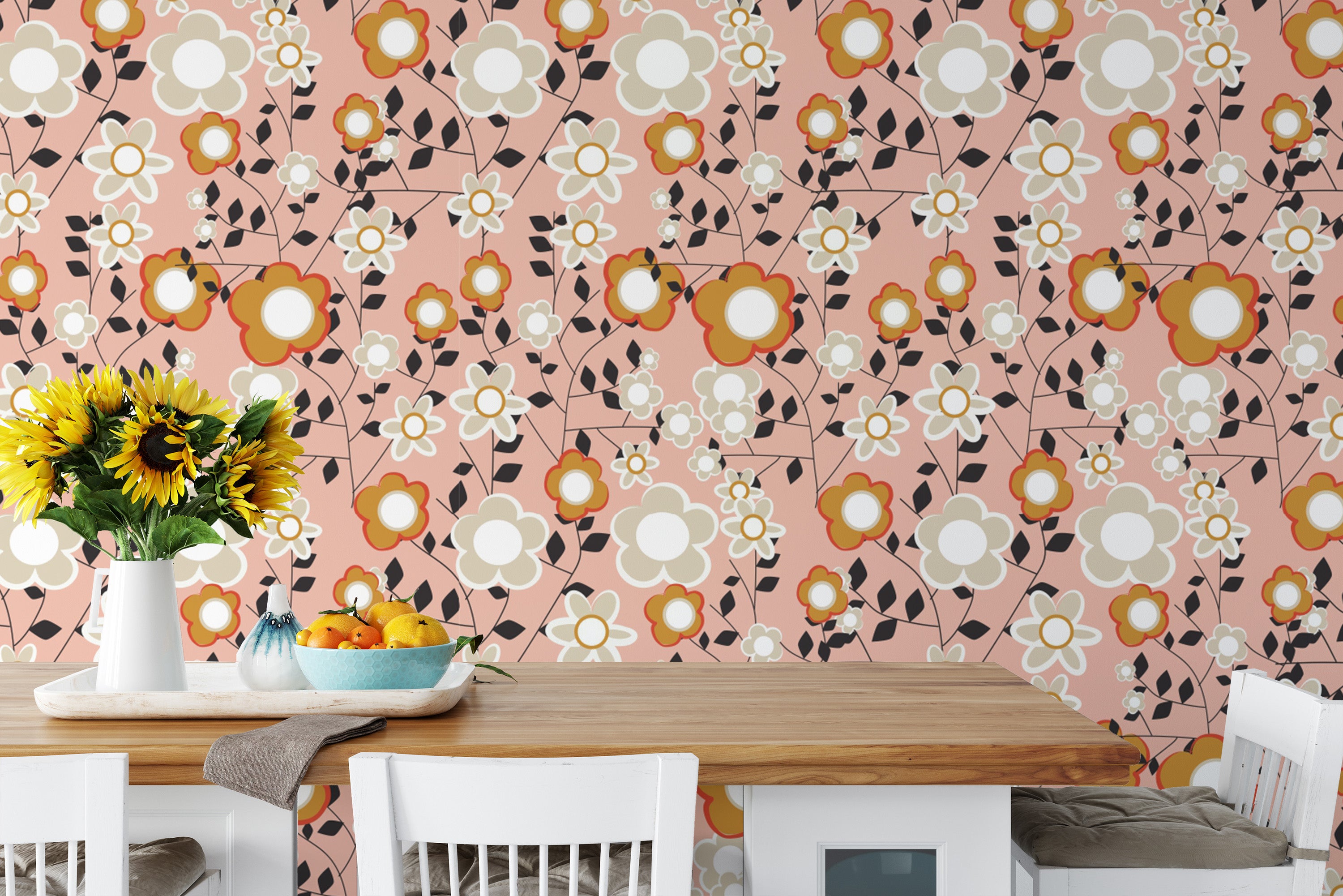 Floral pink wallpaper with light white blossoms
