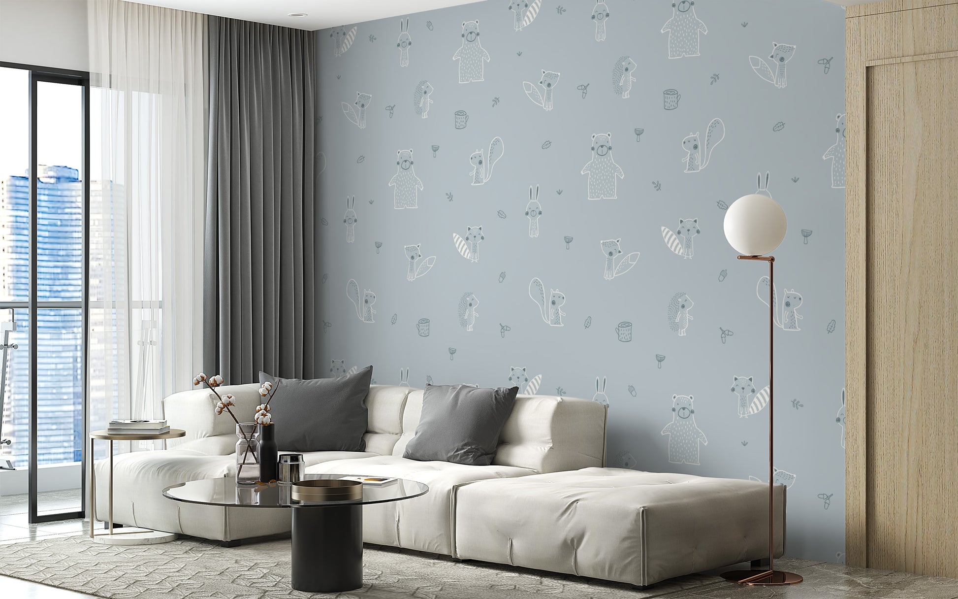 Charming blue forest friends mural with soft hues.
