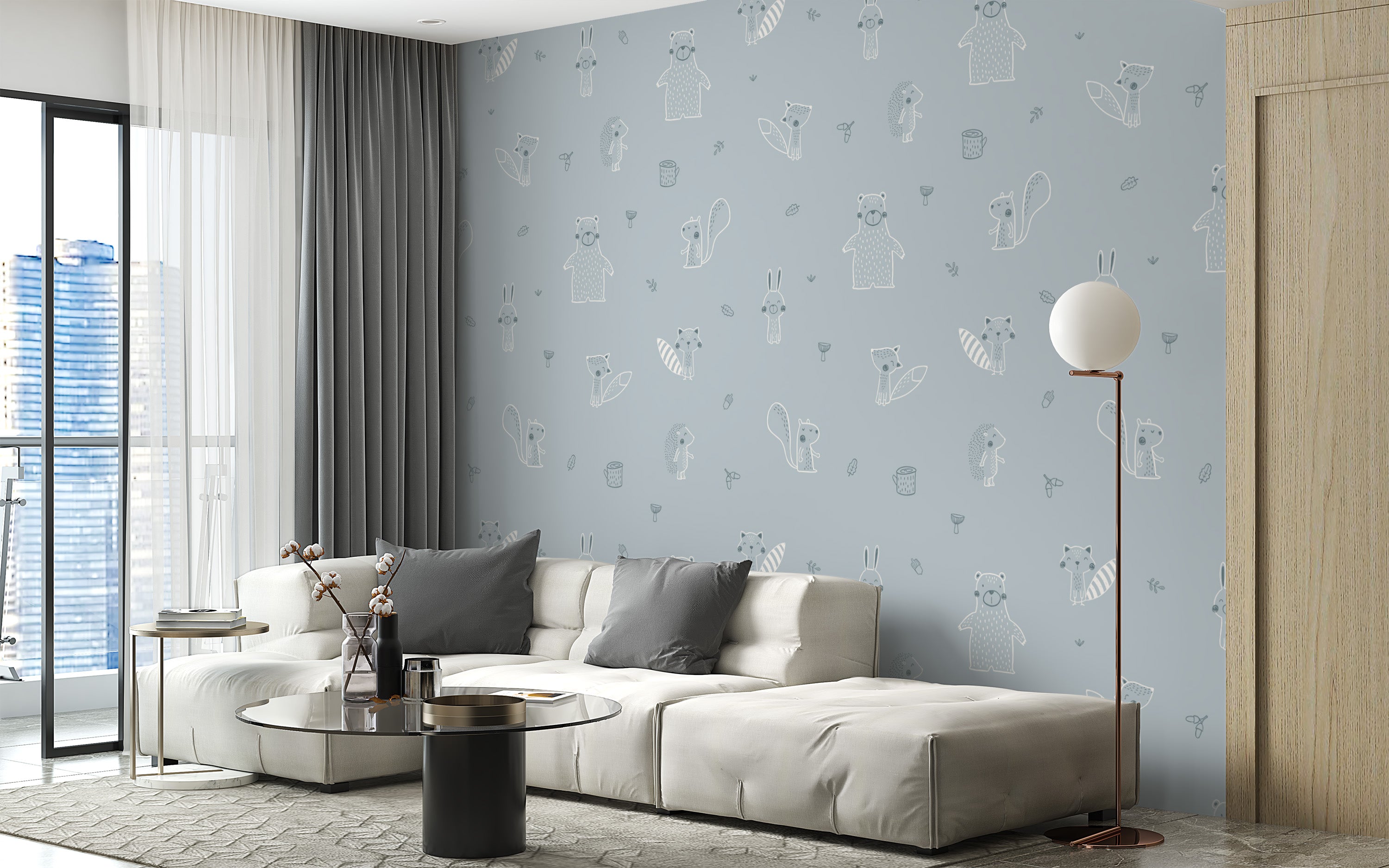 Charming blue forest friends mural with soft hues.
