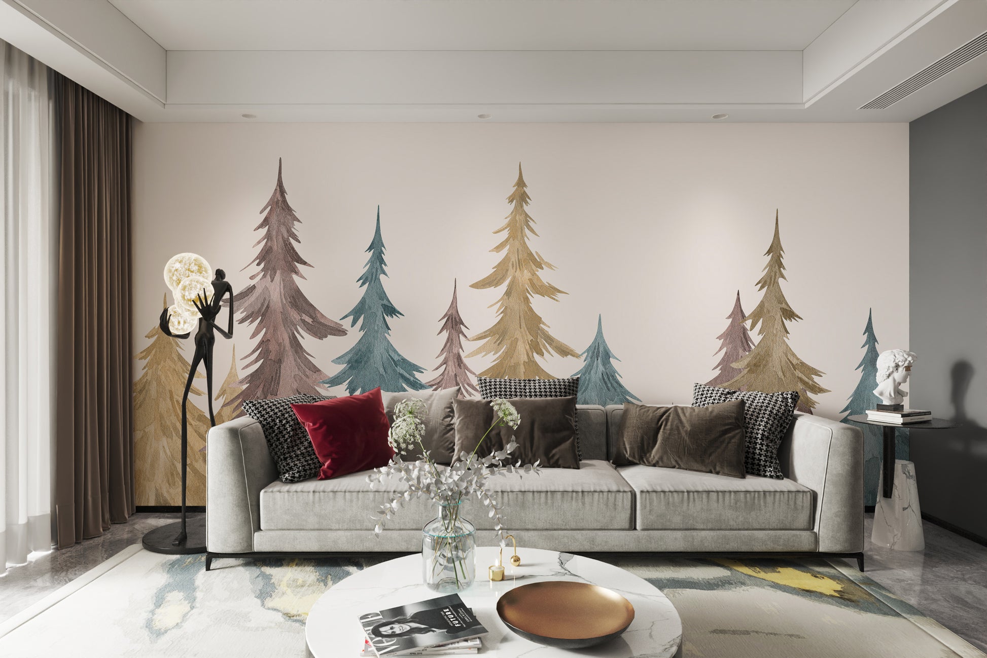 Graceful evergreen alpine mural for a timeless interior look.
