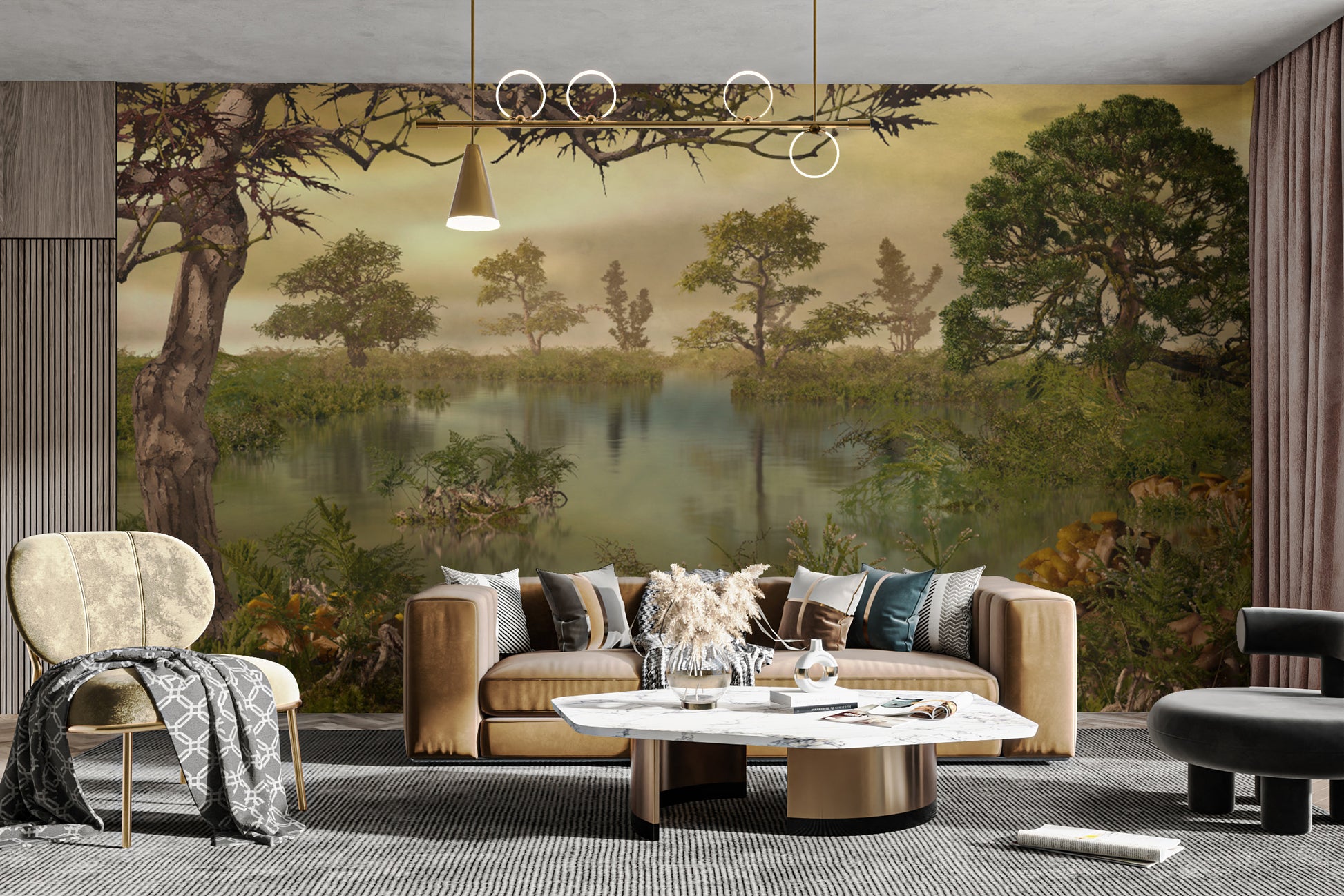 Forest autumn mural wallpaper perfect for rustic and modern decor.