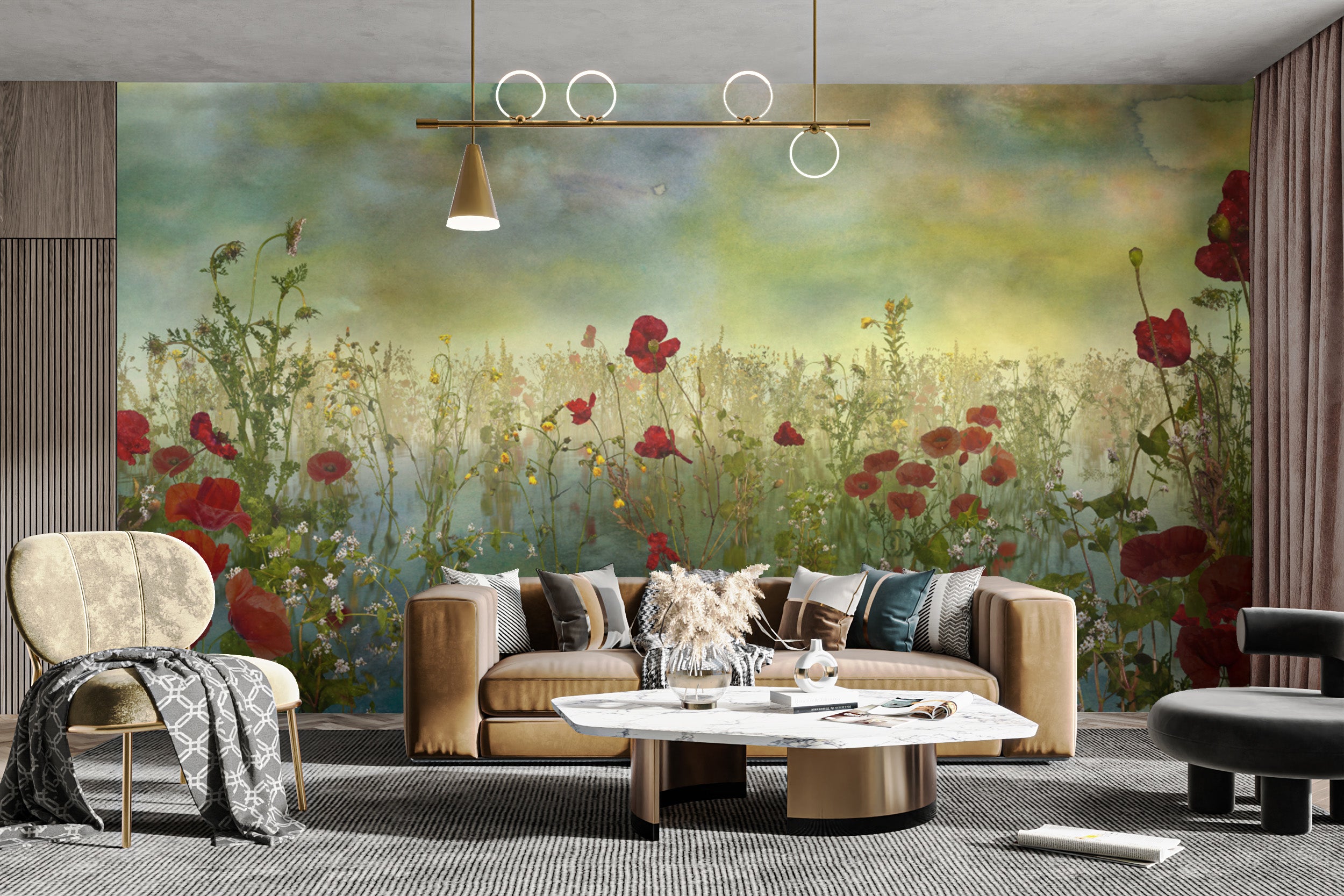 Transform your walls with poppy flower watercolor green mural wallpaper.