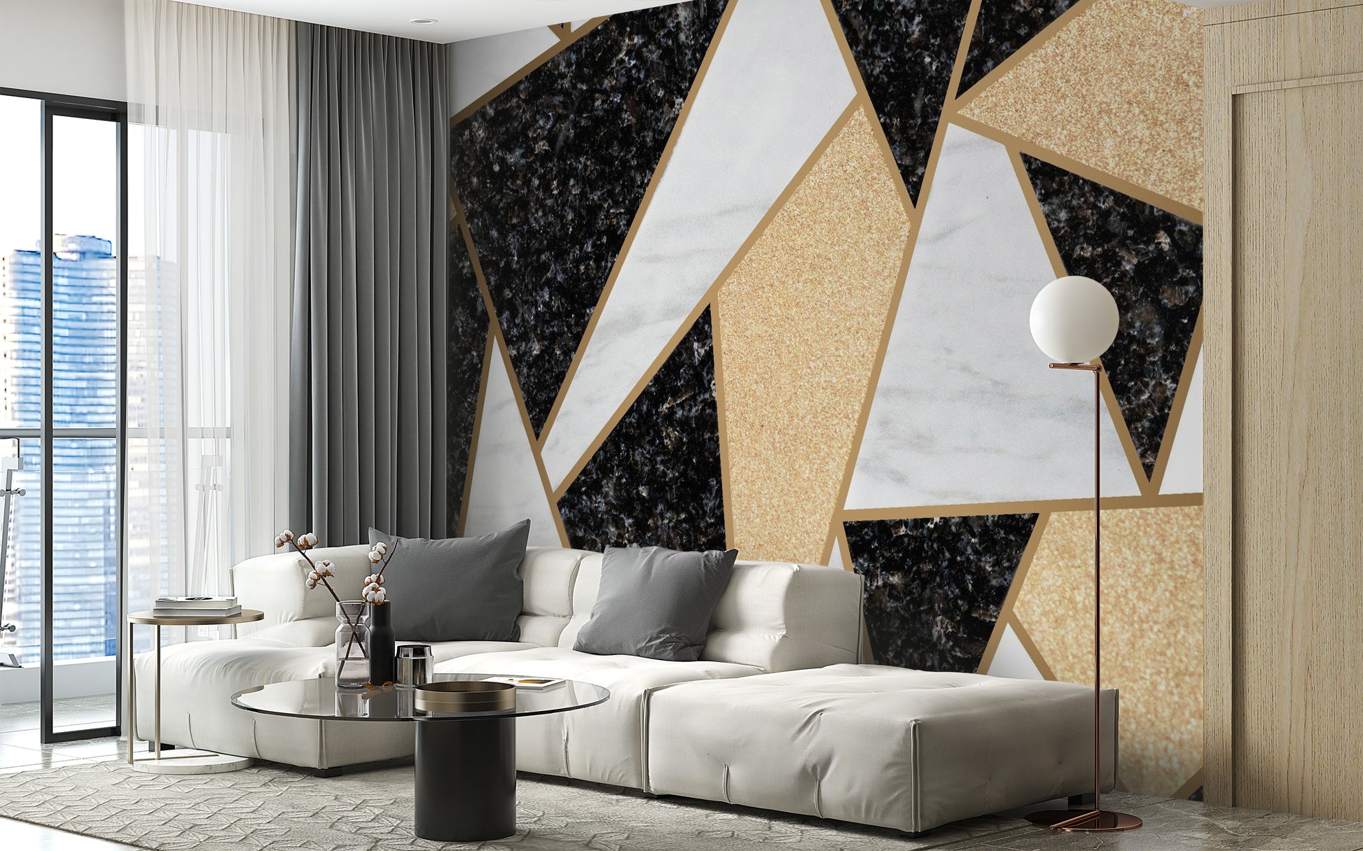 Sleek marble tiles mural with intricate geometric shapes.
