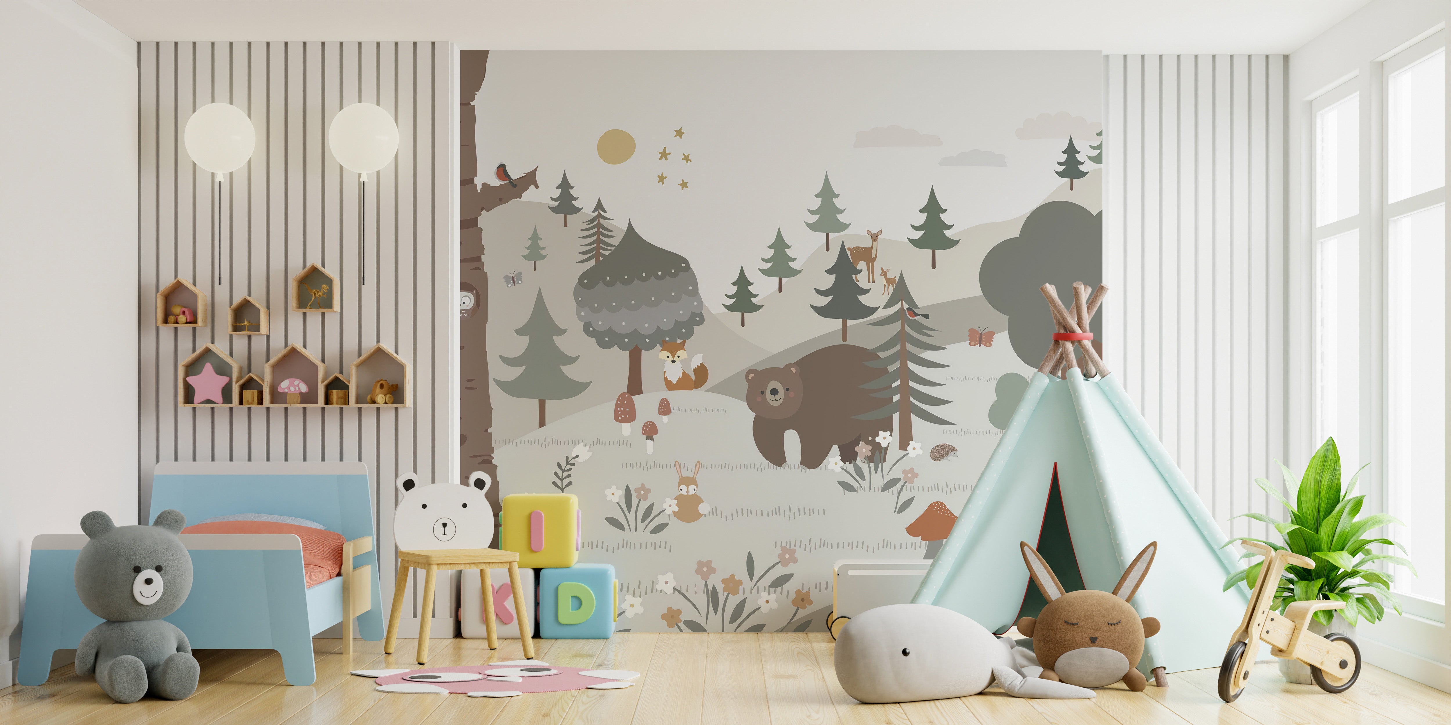 Scenic snow forest wall mural for children
