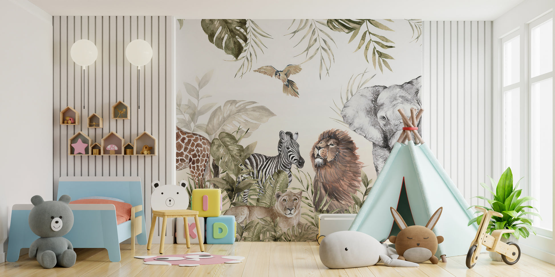 Soft Watercolor Jungle Animals Wallpaper for Kids Room
