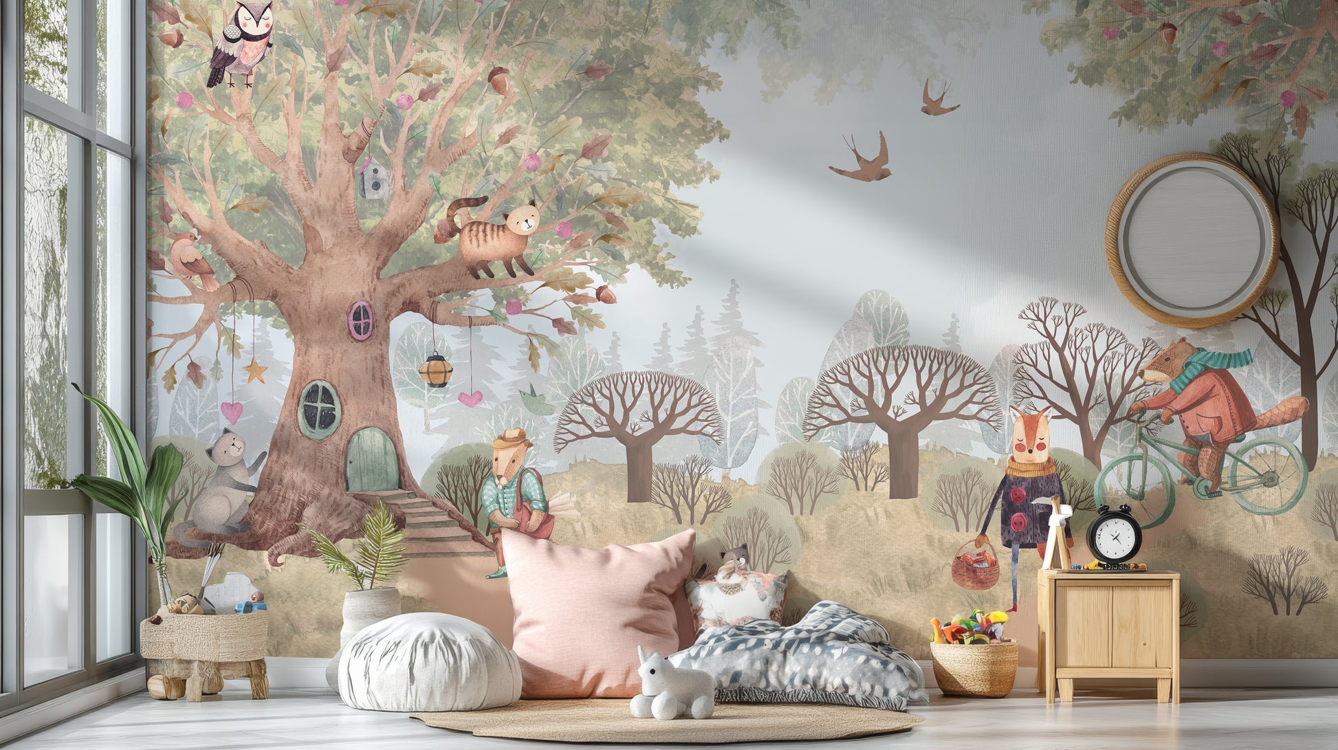 Whimsical countryside mural with critters