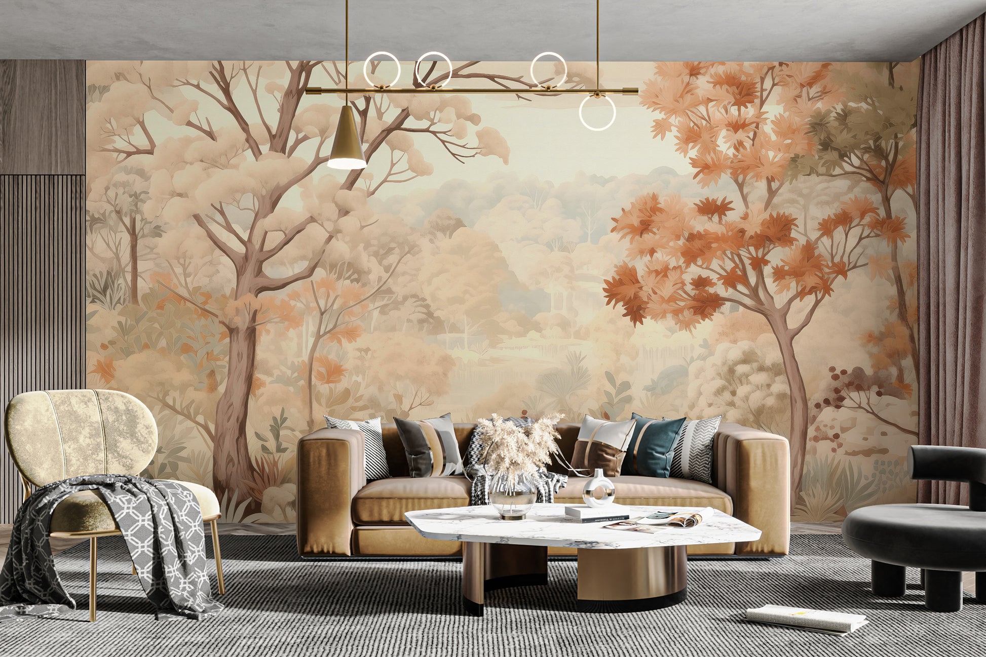 Subtle forest autumn watercolor beige wallpaper for a rustic charm.