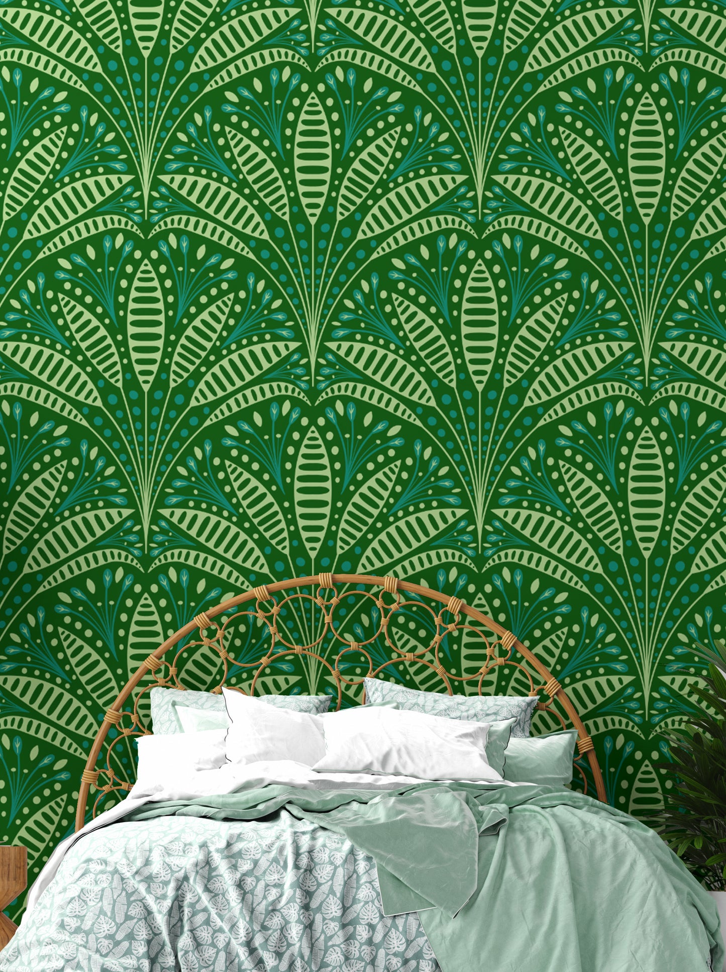 Bold Art Deco wallpaper featuring intricate green palm patterns.