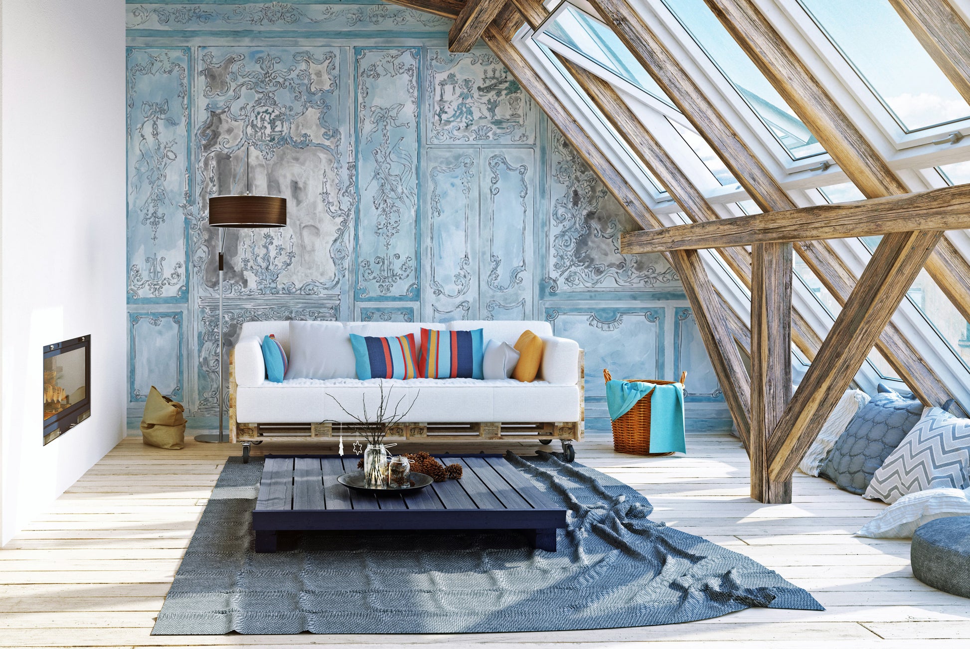 Hand-painted Rococo-style wall mural in blue tones
