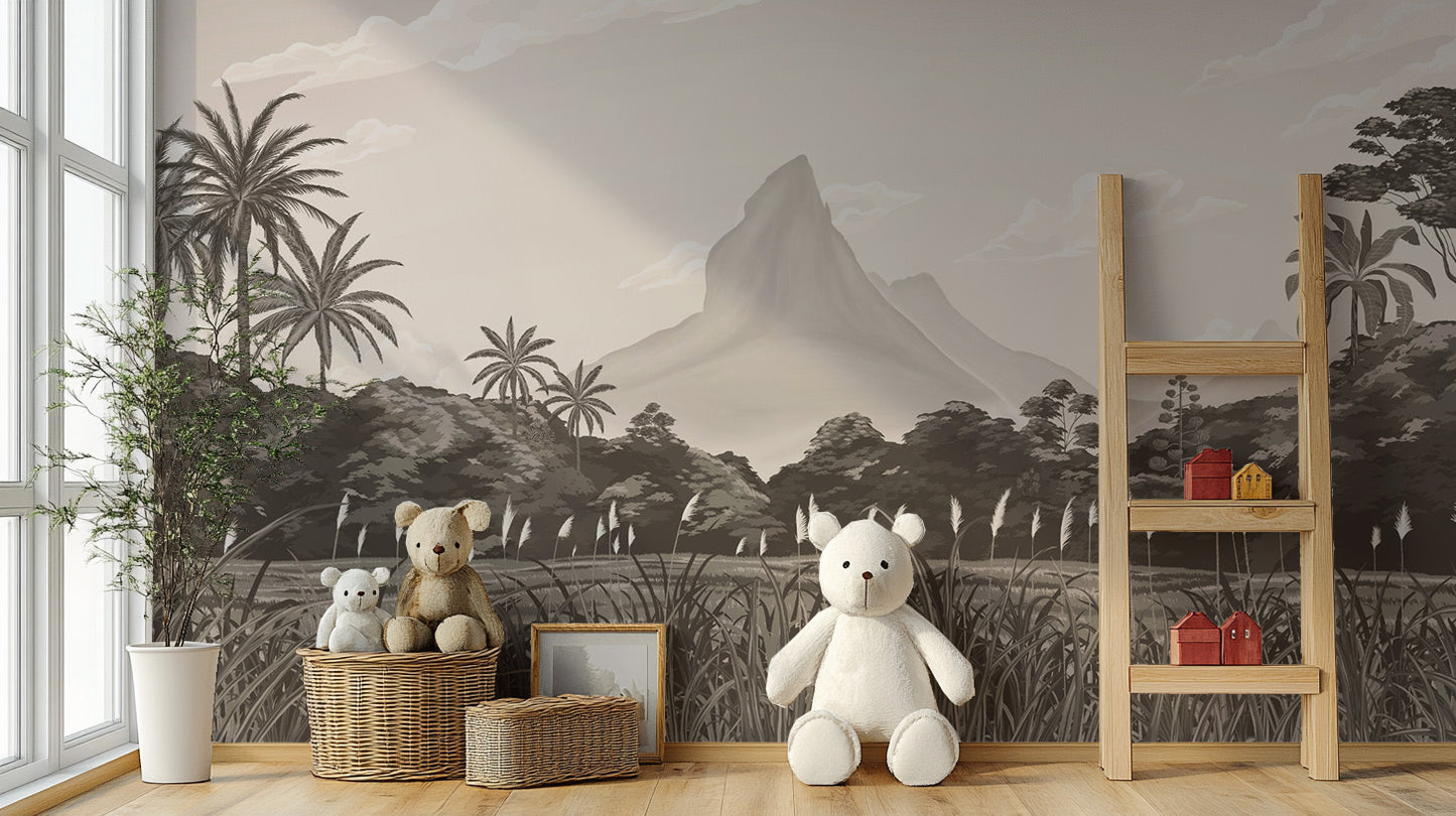 Tranquil monochrome nature mural with scenic mountain view