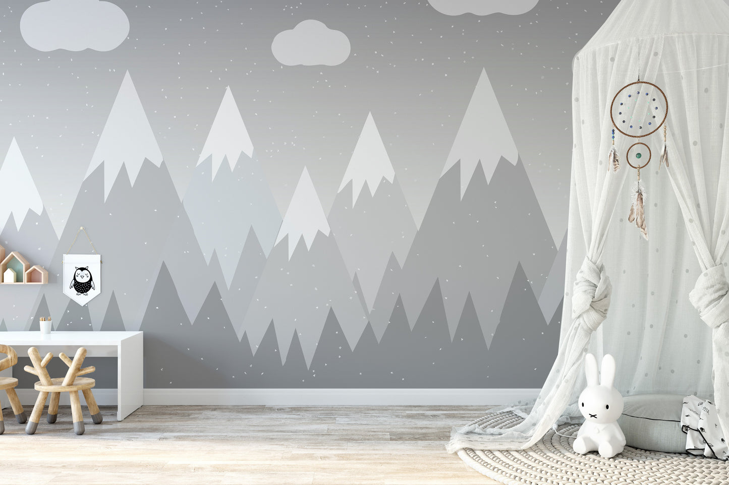 Serene grey mountain mural for a cozy kids' bedroom decor.
