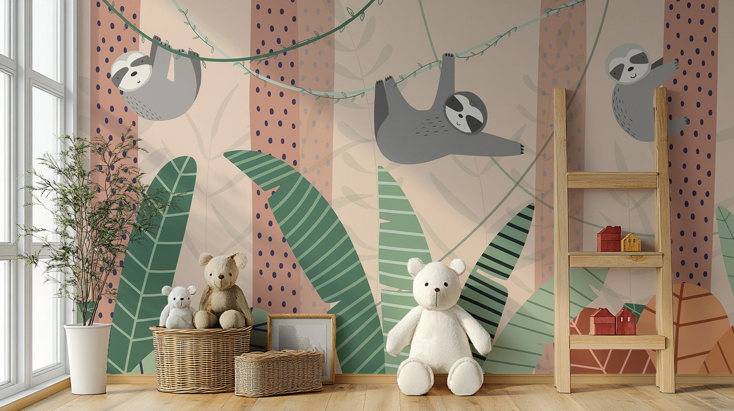 Adorable cartoon sloth wall mural design