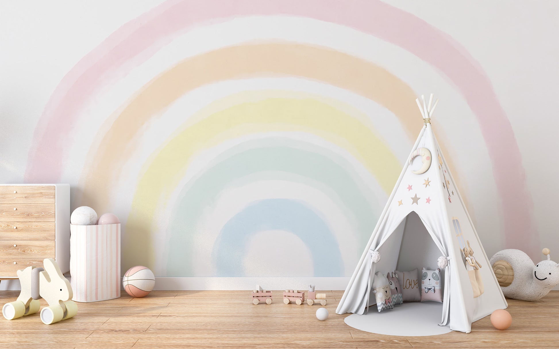 Pastel Rainbow Mural adds joyful vibes to playful kids rooms.