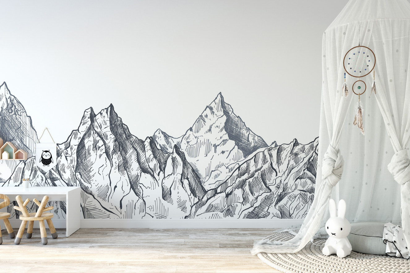 Artistic hand-drawn mystic mountain mural for unique interiors.
