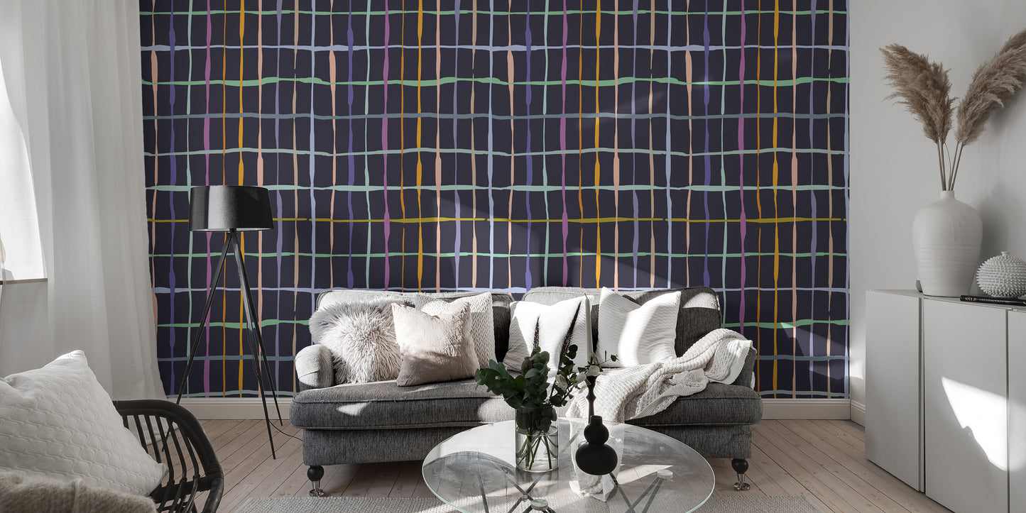 Artistic wallpaper featuring bold, multicoloured line patterns
