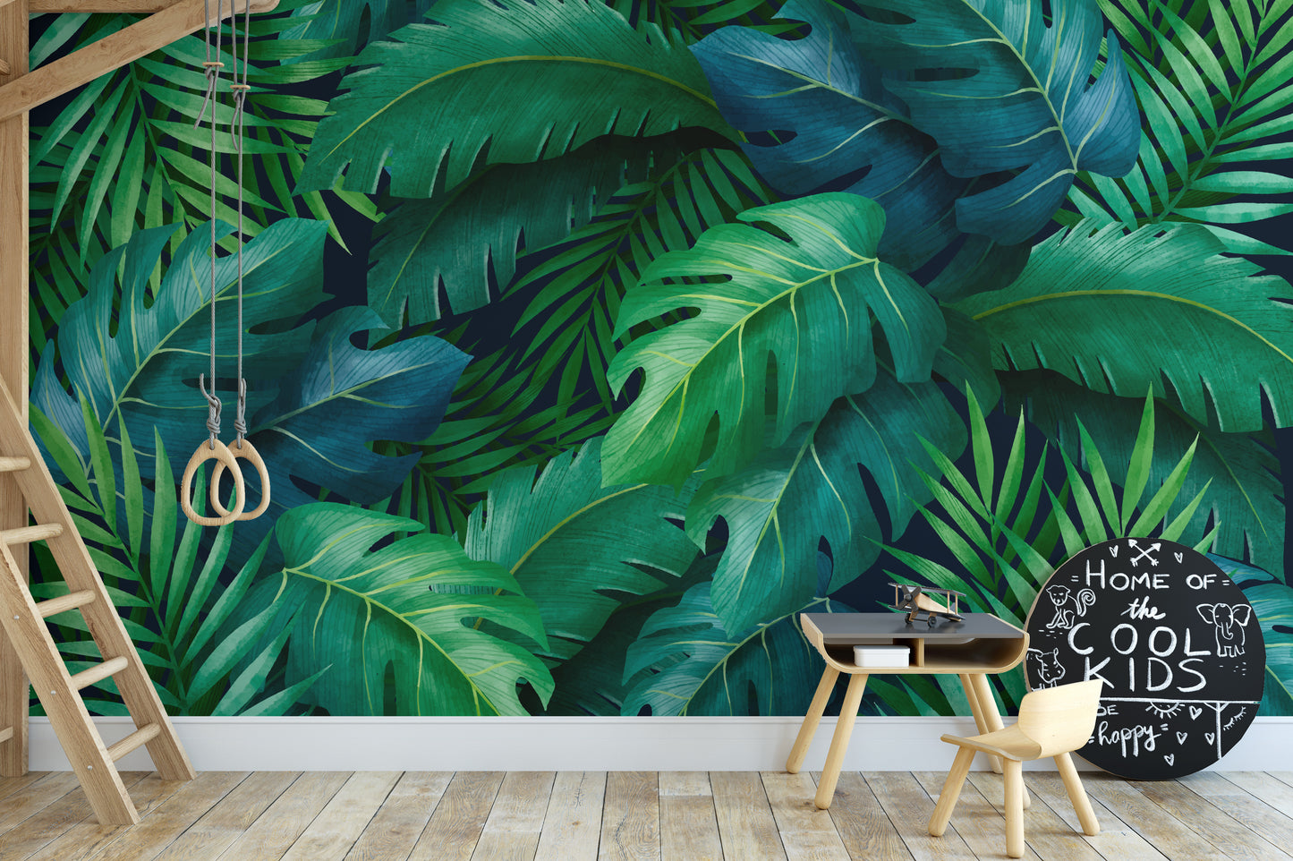 Green tropical leaves mural for a refreshing interior design.
