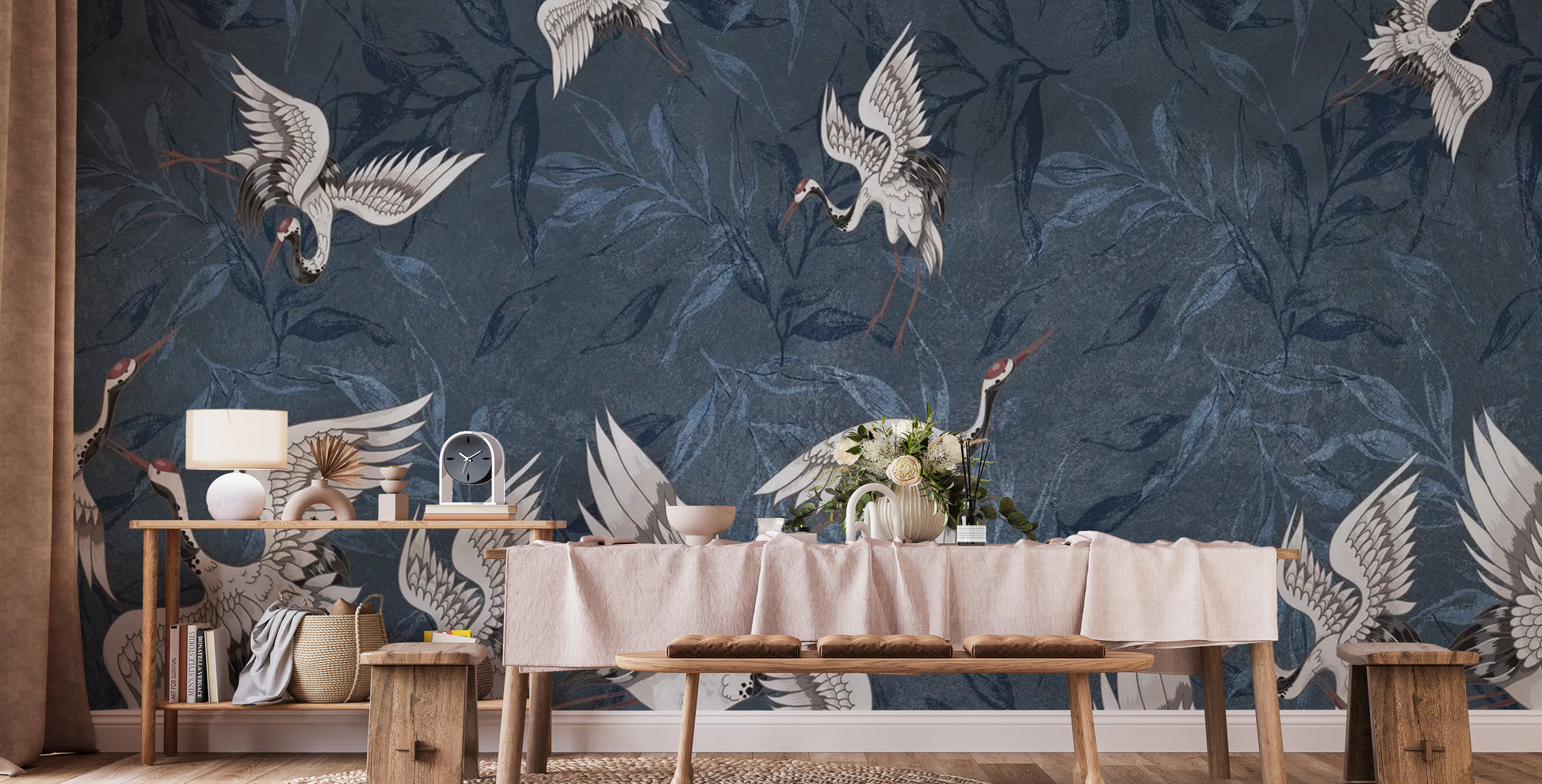 Rustic cranes grunge-inspired wall mural