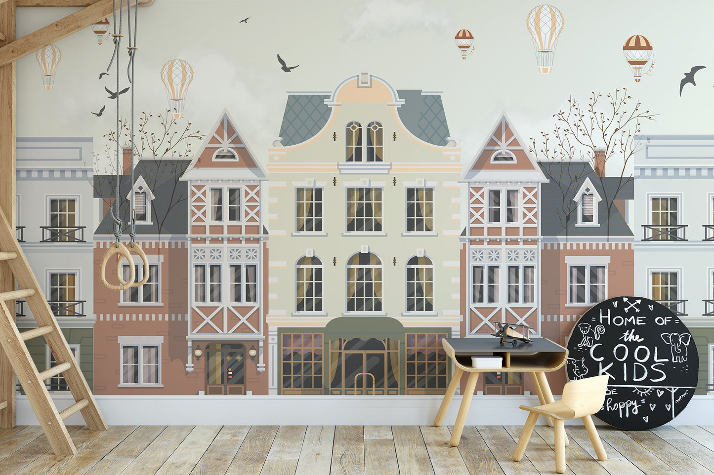 Vintage Townscape Balloons Wall Mural