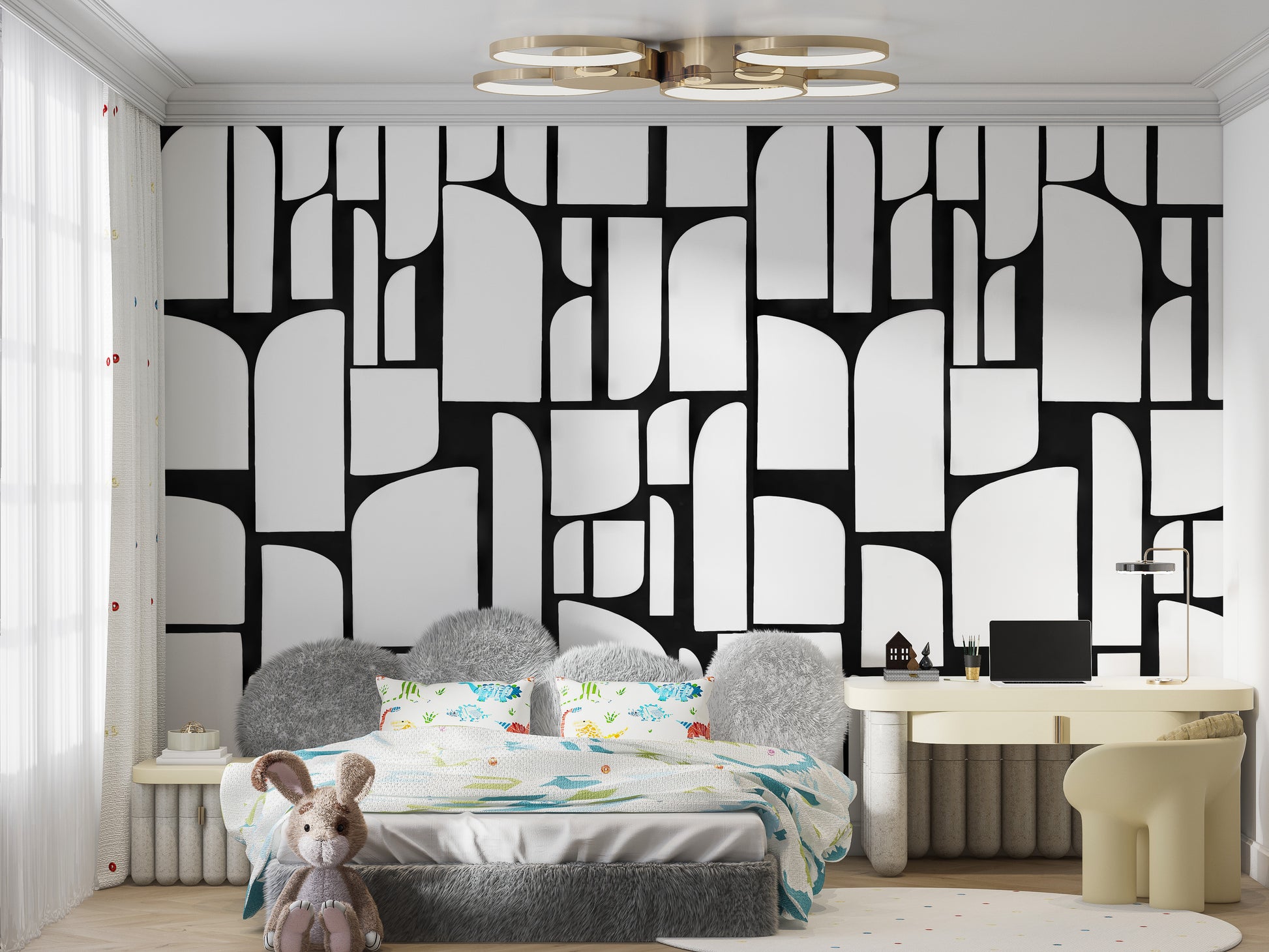 Sleek Monochrome Mosaic Mural adds depth to your bedroom.