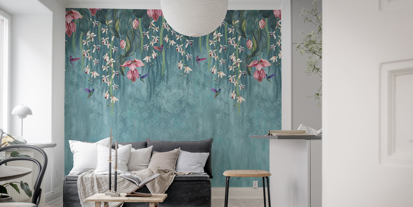 Hanging Pink Flower on Turquoise Wallpaper - Giffywalls