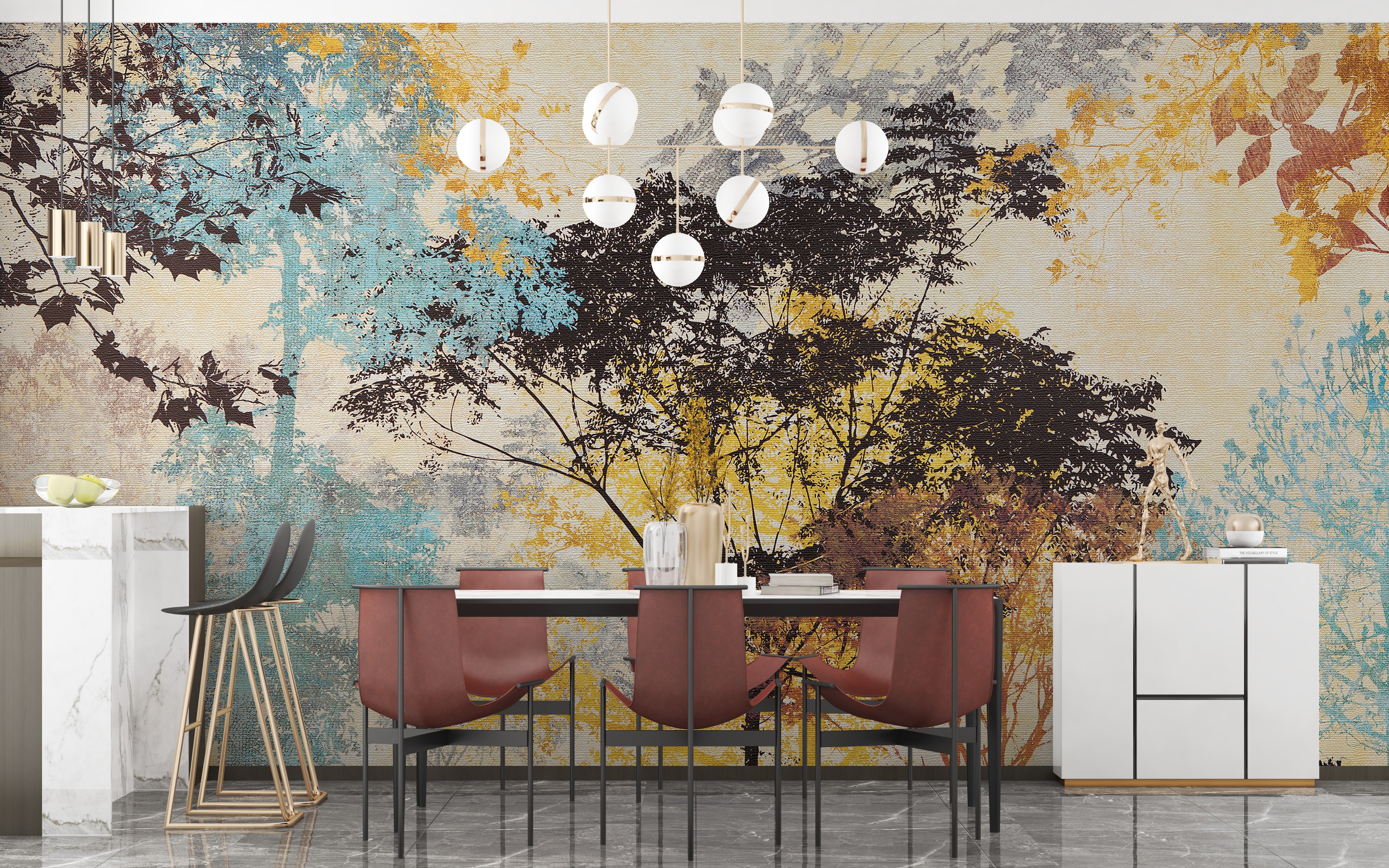 Artistic tree mural with abstract design
