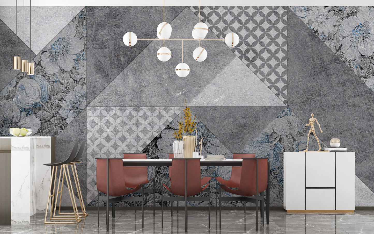 Gray Colored Geometric Flowers Wallpaper Murals