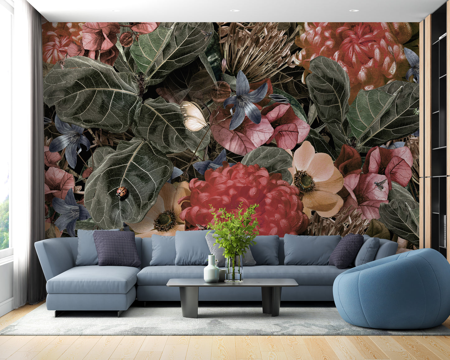 Vibrant floral wallpaper with tropical leaves
