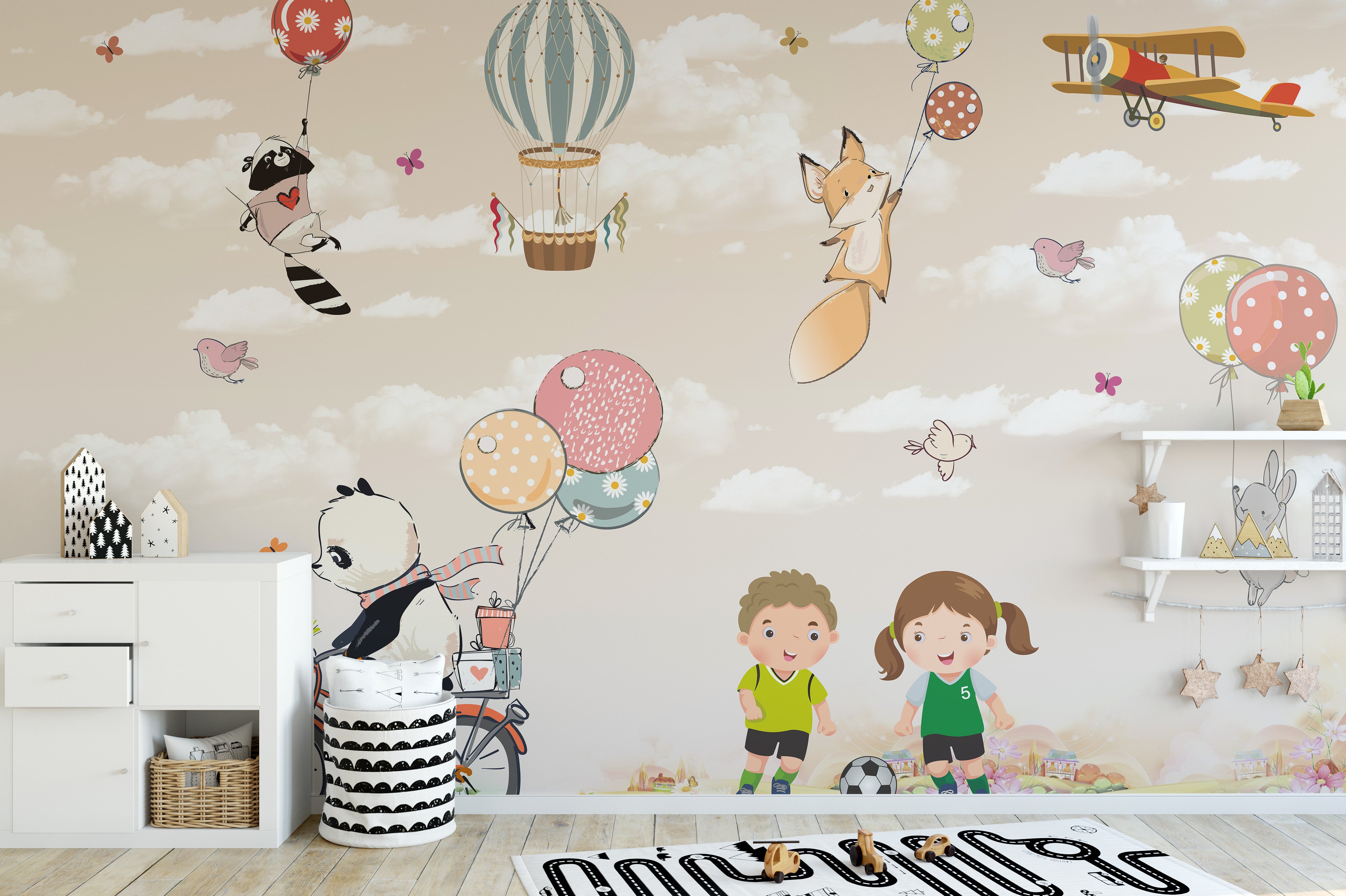 Happy children garden-themed wallpaper design
