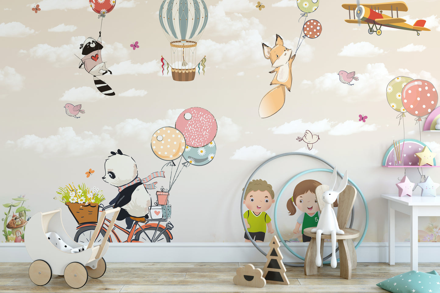 Kids in a vibrant garden wallpaper mural
