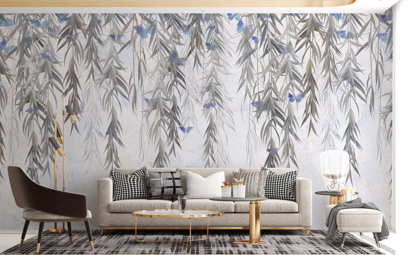 Elegant grey wallpaper with hanging willows
