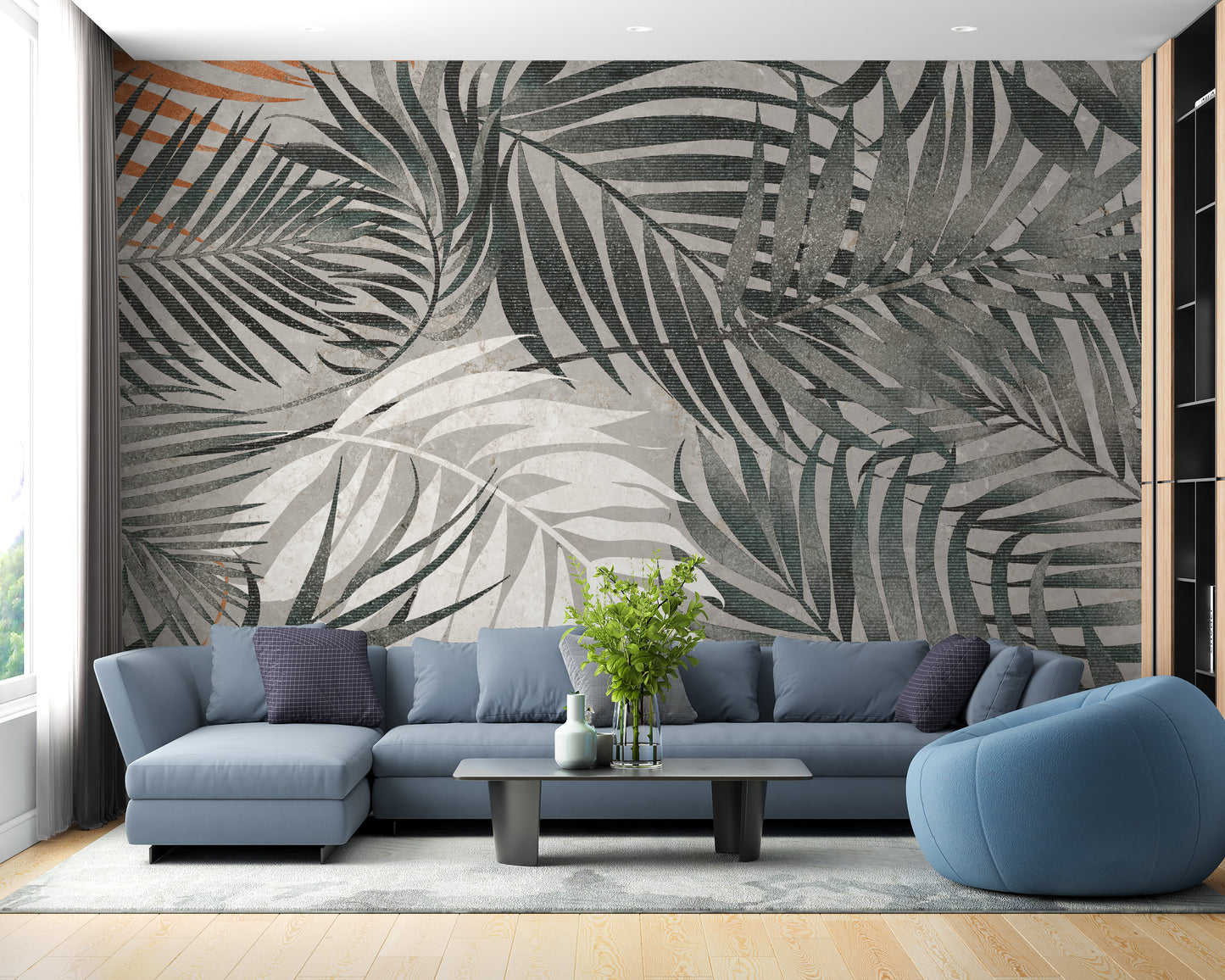 Grey Tropical Leaves Wallpaper Mural