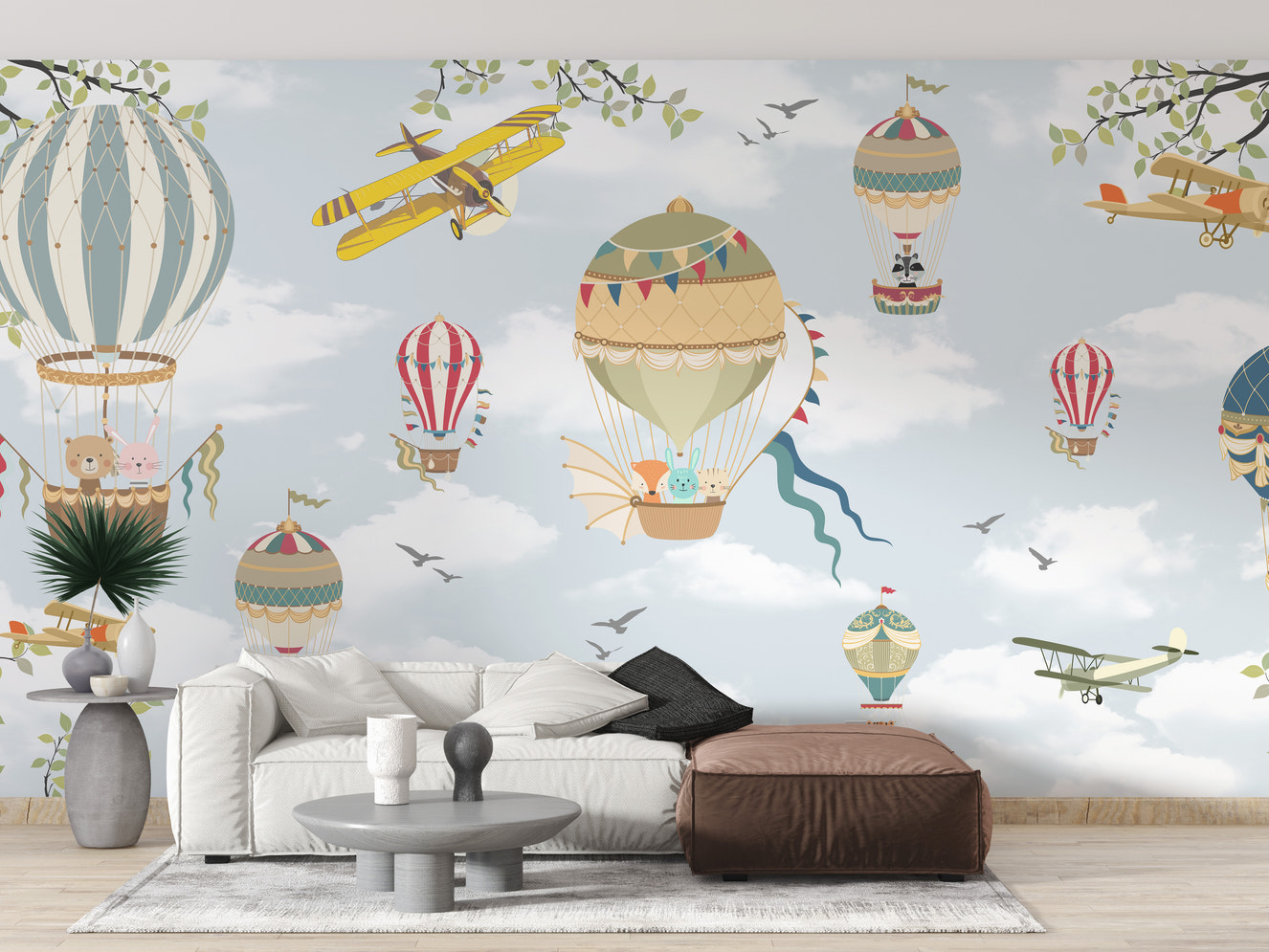 Playful kids wallpaper with floating balloons
