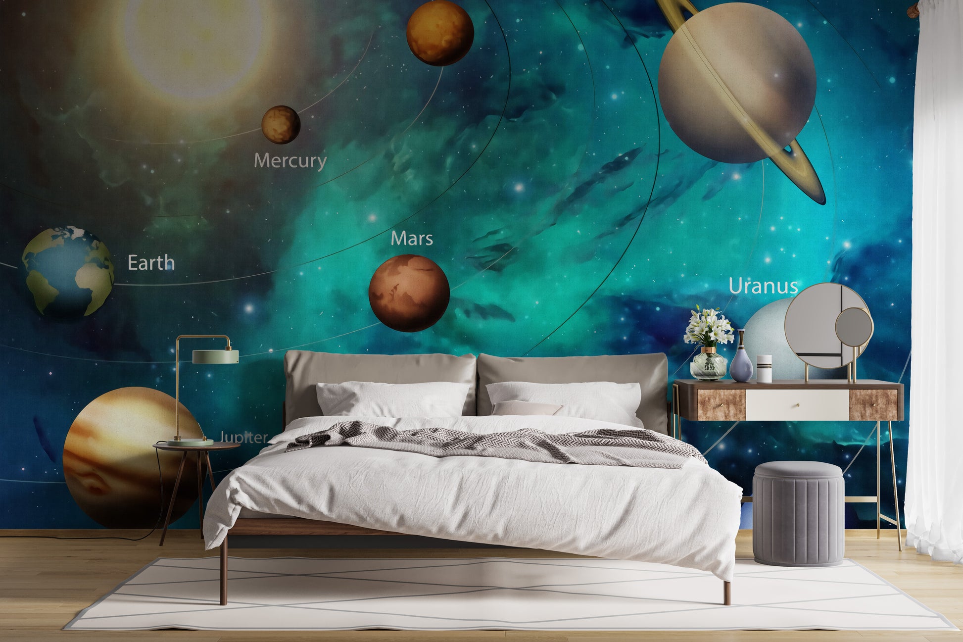 Solar system wall mural with vibrant planets
