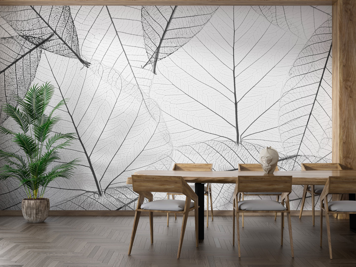 Artistic black and white leaf mural design
