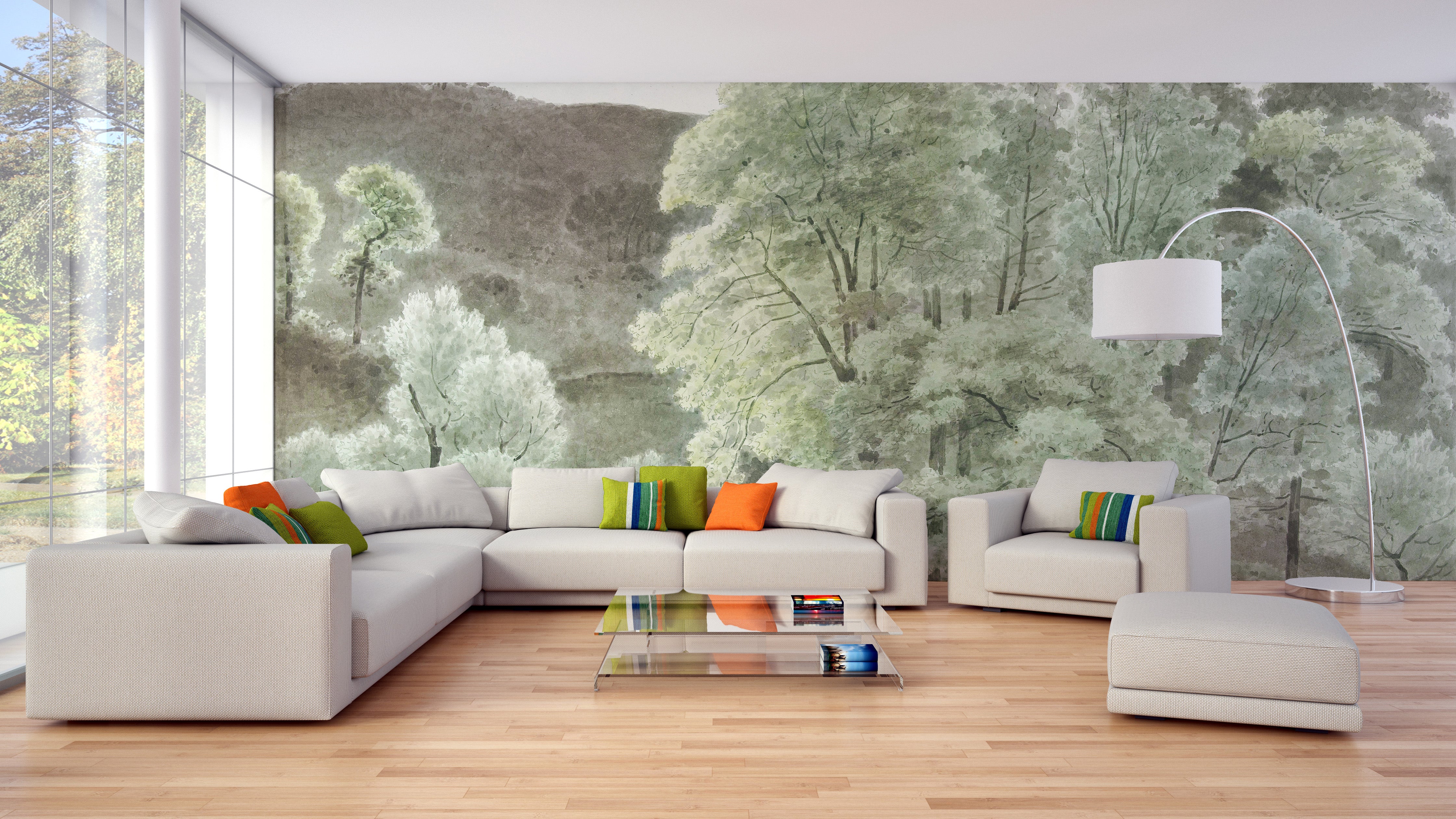 Green verdant watercolor leafy wall mural