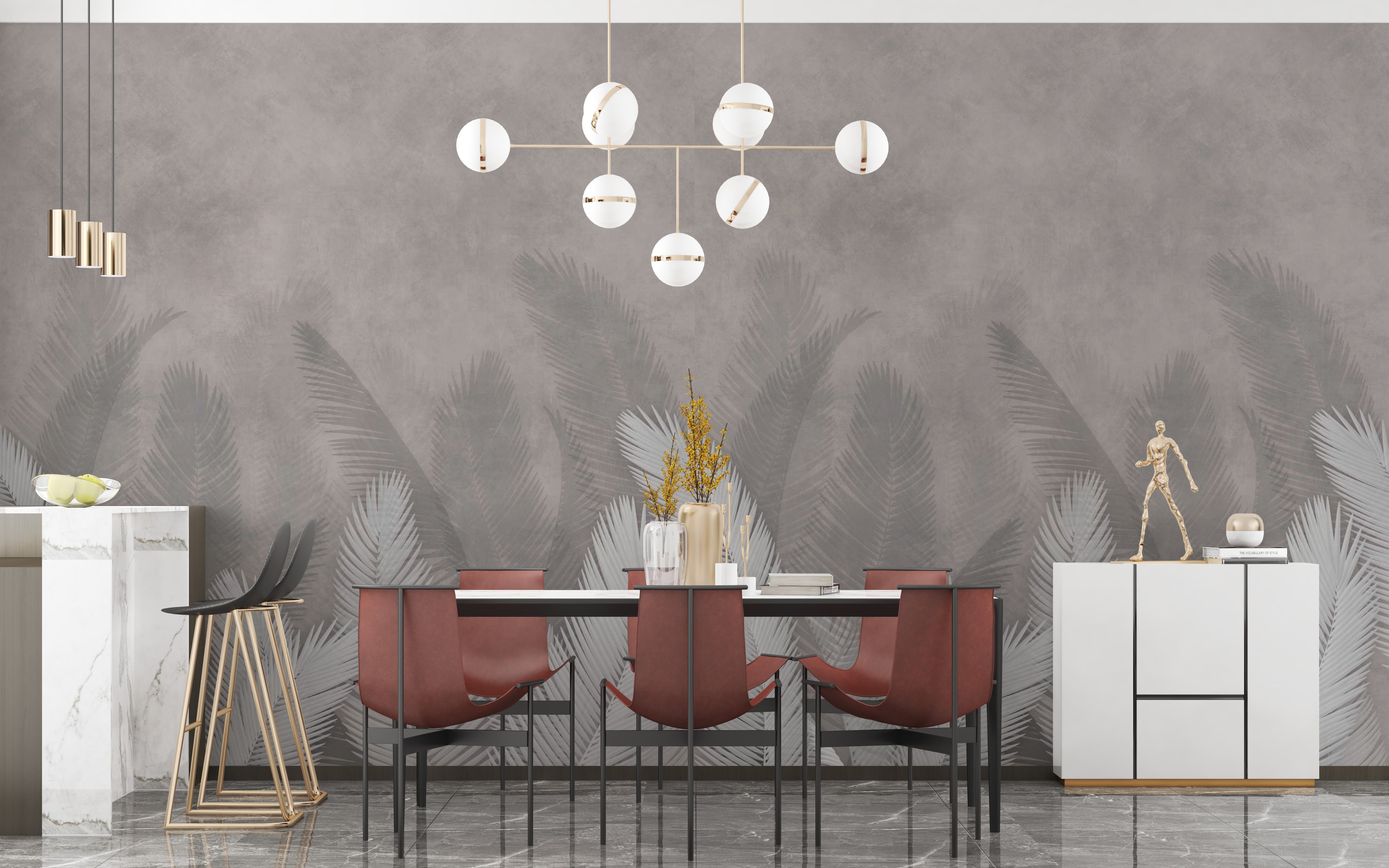 Modern palm leaves wallpaper with gray backdrop