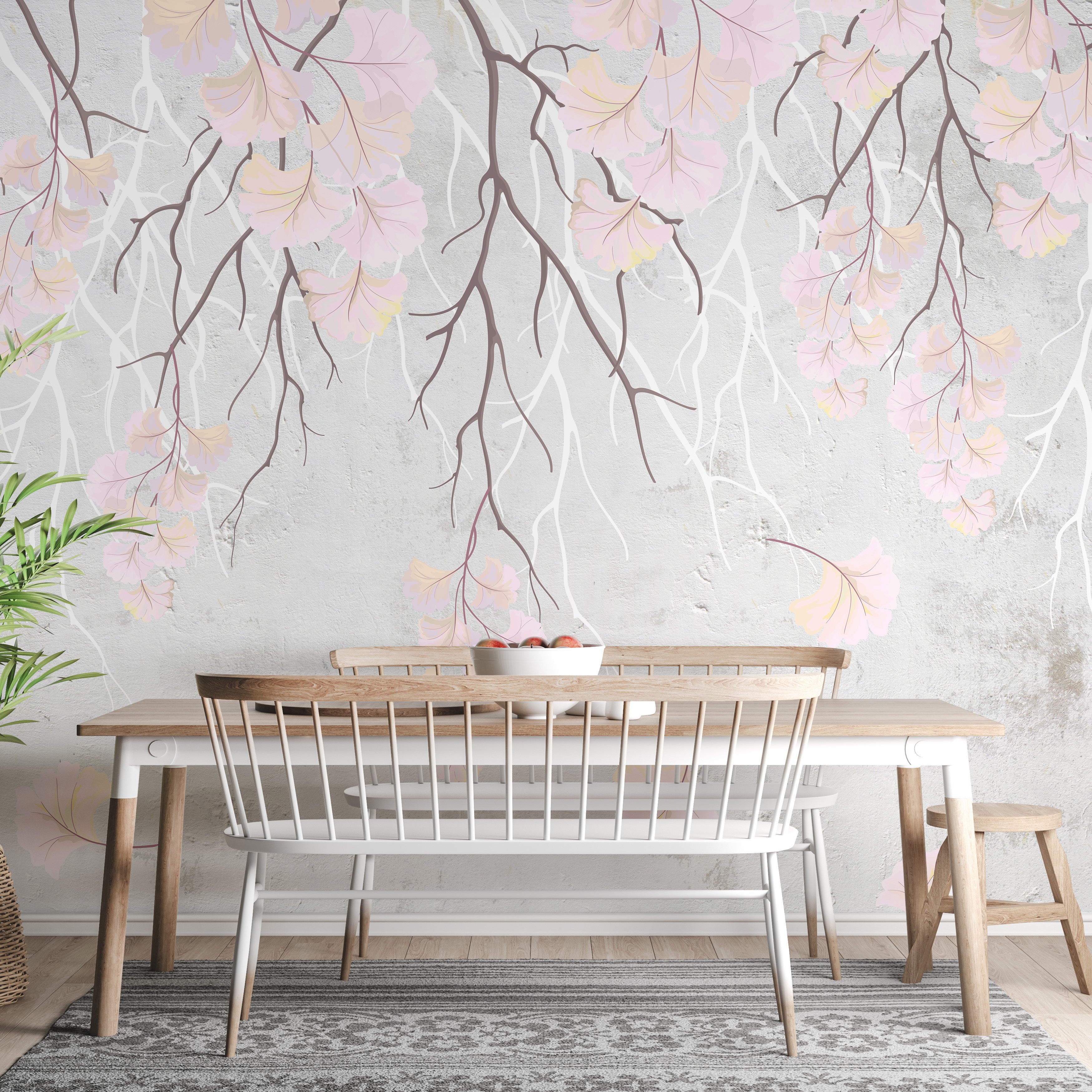 Hanging pink flowers wallpaper mural design