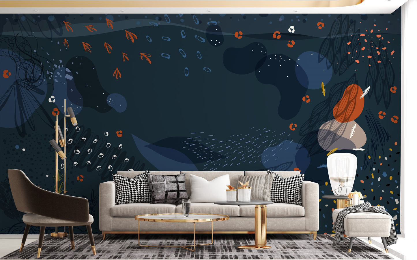 Blue Modern Abstract Floral Wallpaper Mural - Giffywalls