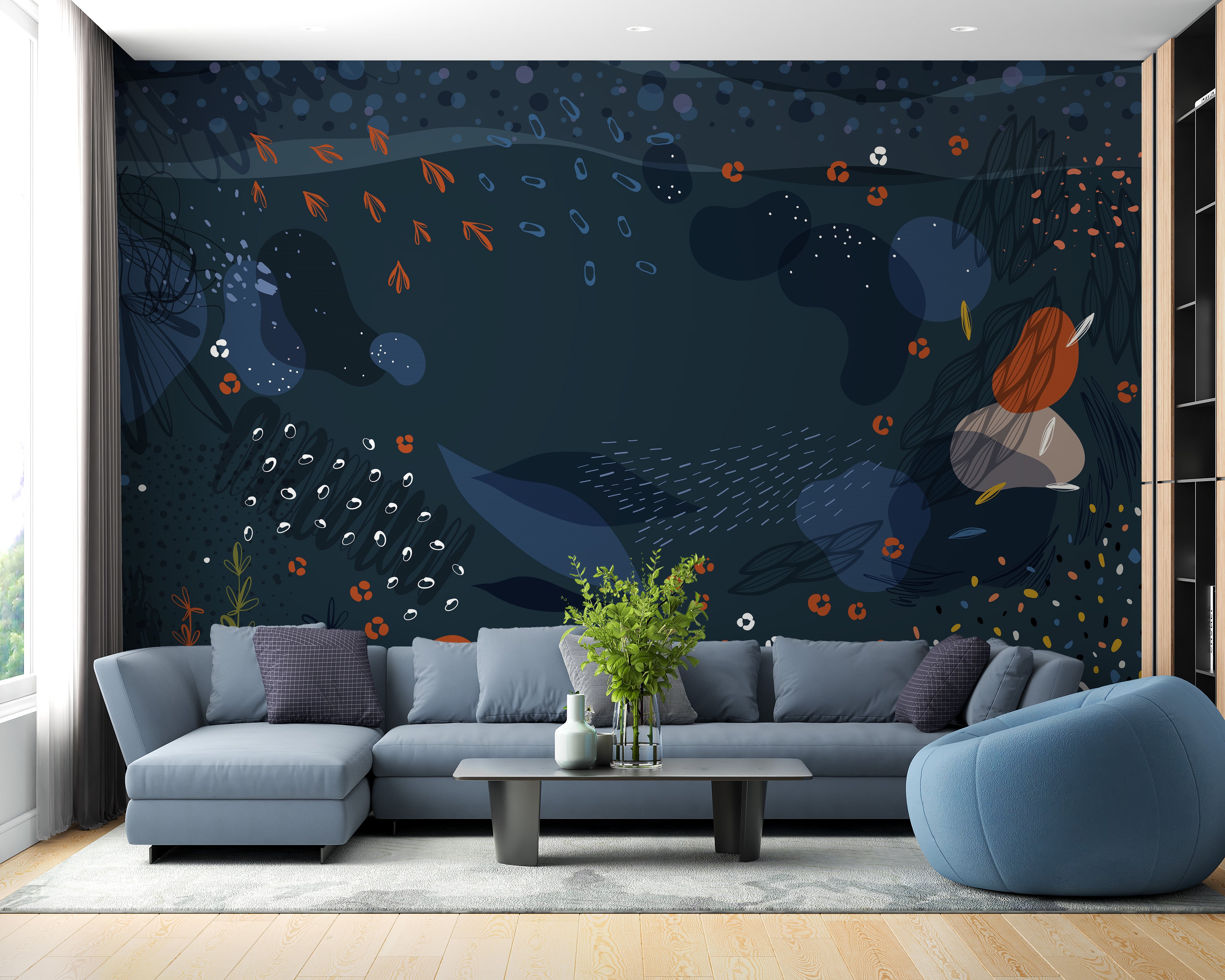 Blue modern abstract floral wallpaper mural