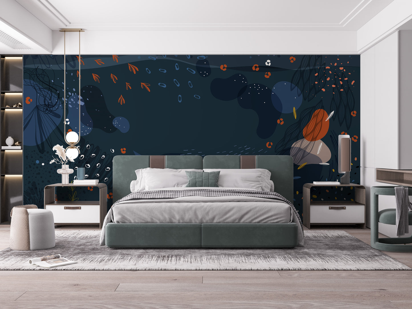 Blue Modern Abstract Floral Wallpaper Mural